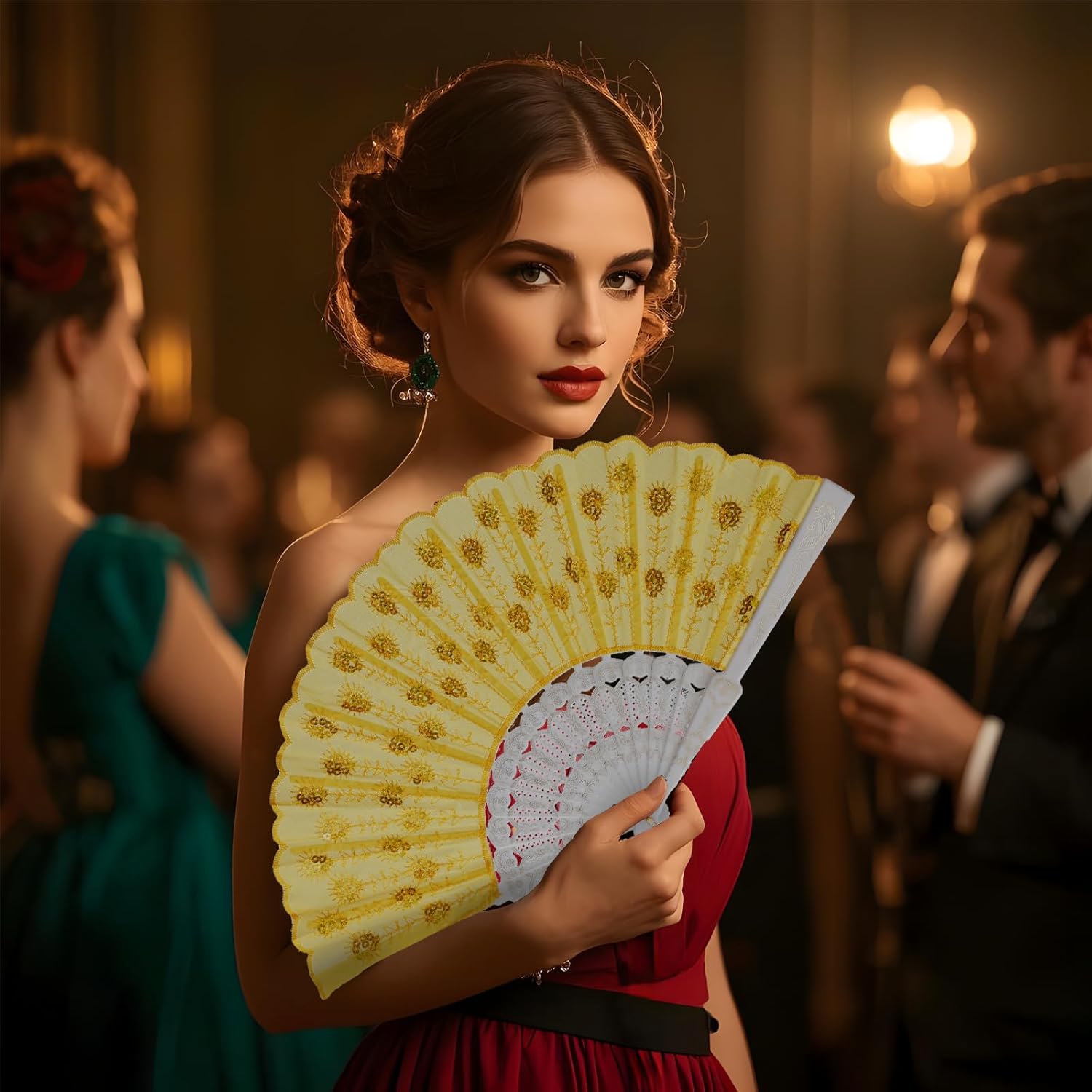 QIRMIZI 30 PACK Fabric Folding Handheld Fans, Perfect for Weddings, Parties, and Dancing,Yellow