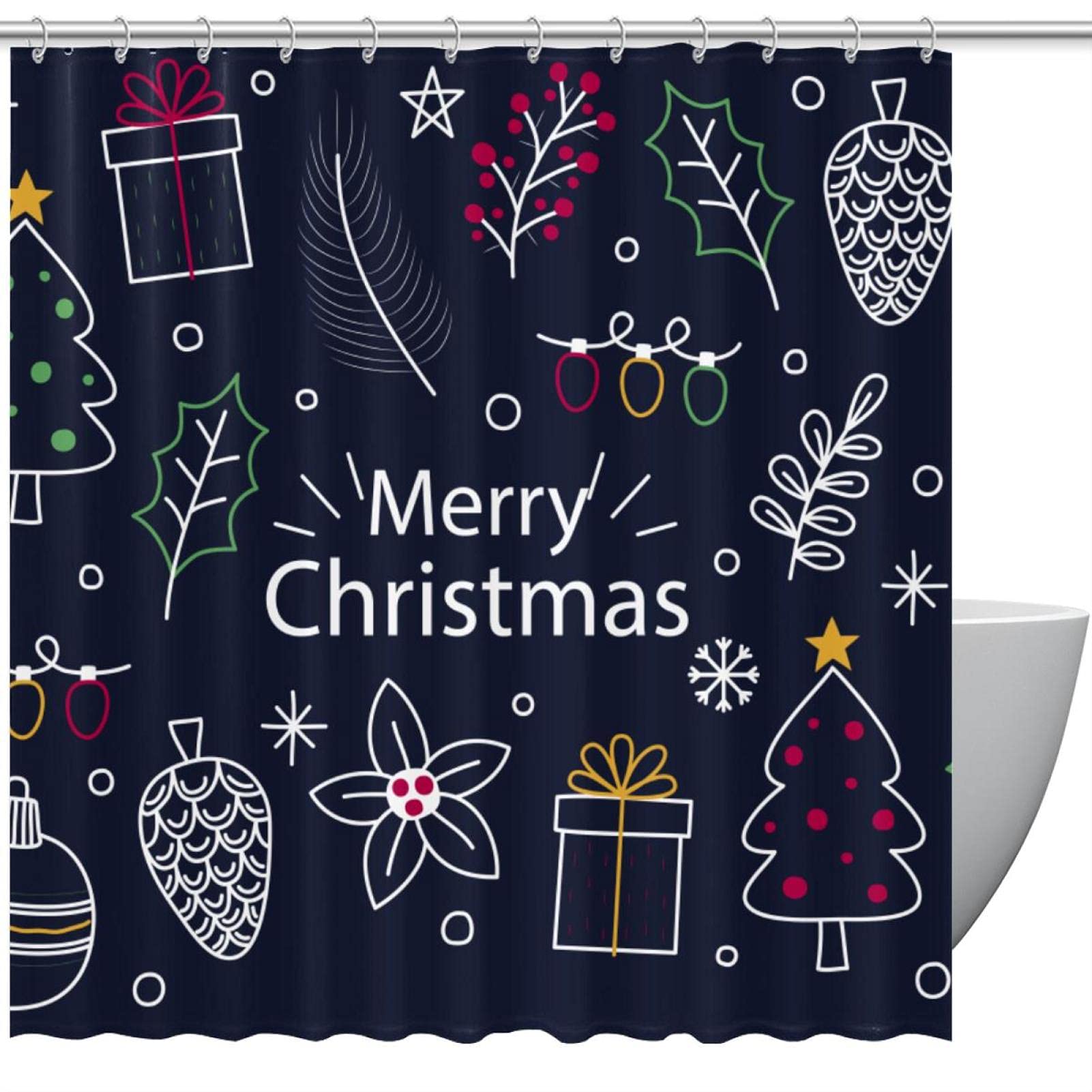 Ttincceer Buon Natale Tenda da Doccia 152x183cm Natale Gnomo Albero di Natale con Decorazioni Tenda da Bagno Vintage Legno Neve Bosco Tenda da Bagno Impermeabile
