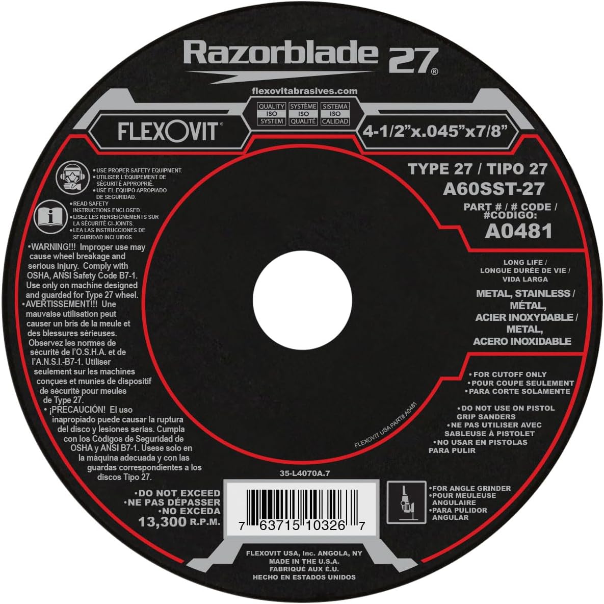 Flexovit4-1/2" X .045" X 7/8" RAZORBLADE 27® 60 Grit Aluminum Oxide Grain Reinforced Type 27 Depressed Center Cut-Off Wheel (A0481 Pack of 25)