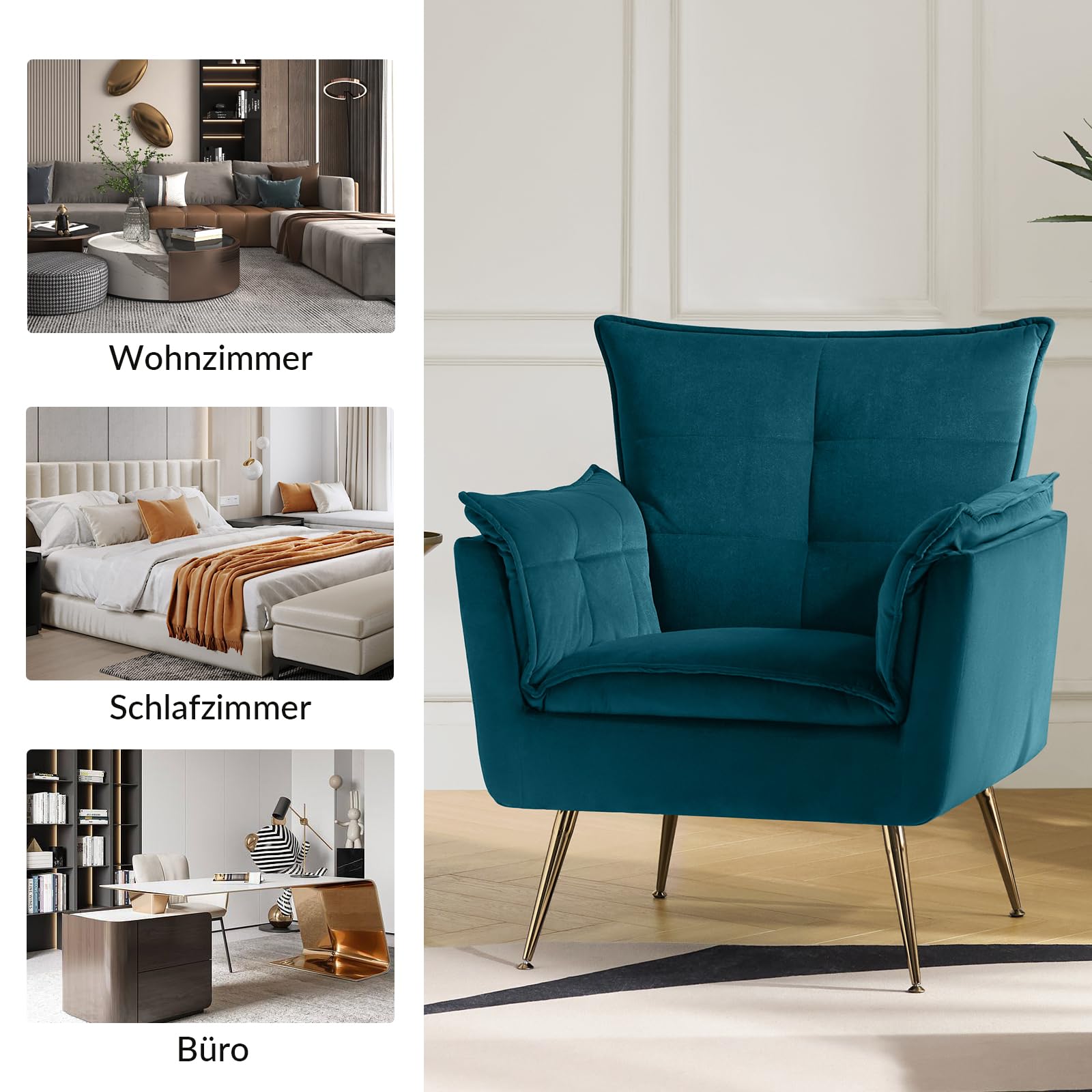 HULALA HOME Sessel gemütlich Lesesessel bequem mit goldenen Metallbeinen moderner Loungesessel aus Samt mit Dickes Sitzkissen für Wohnzimmer und Schlafzimmer, Dunkelgrün