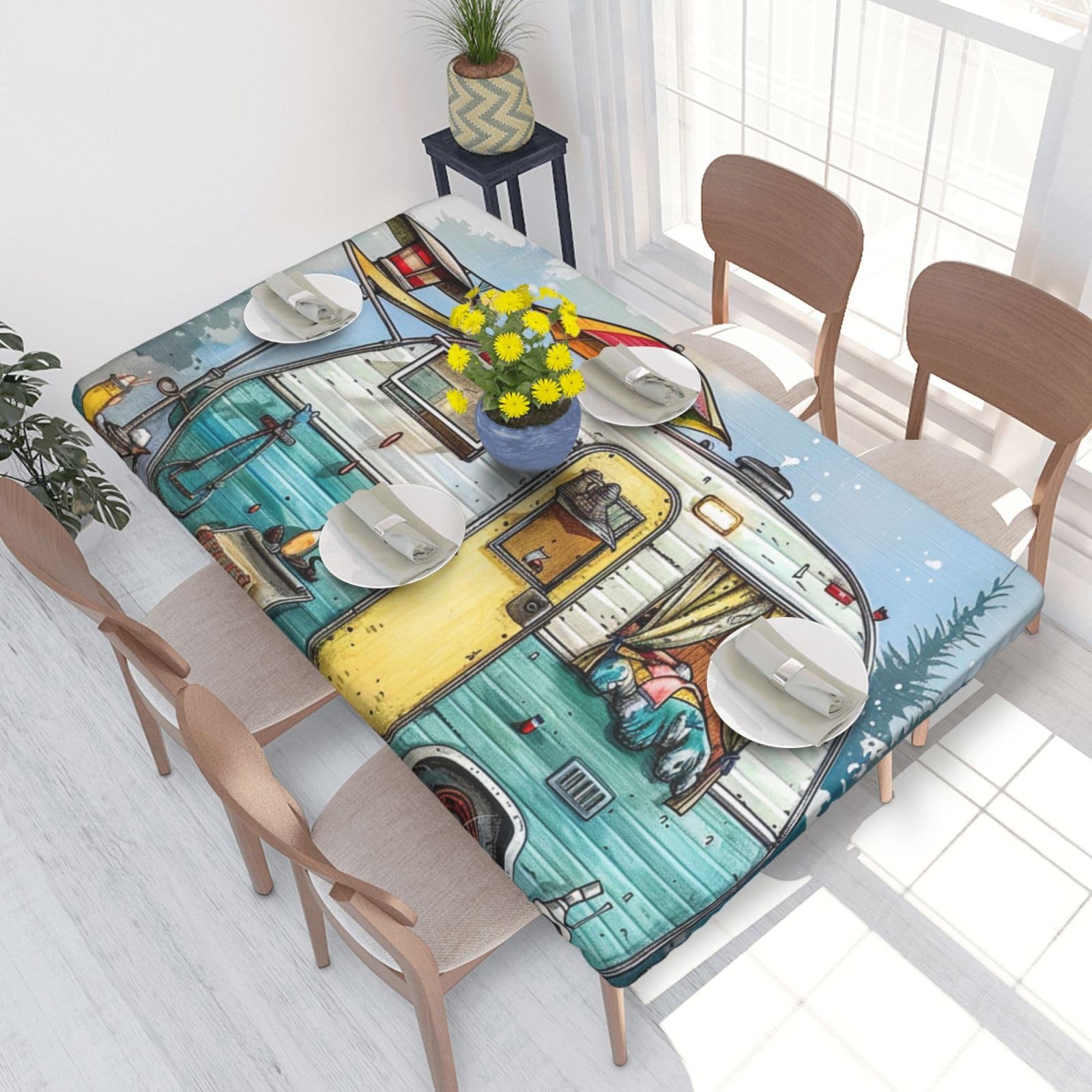 Bnvsadc Black Happy Campers Printed 4Ft Tablecloth 122X76 Cm Polyester Kitchen Water Resistant Table Cloth Dining Table Decoration Table Covers