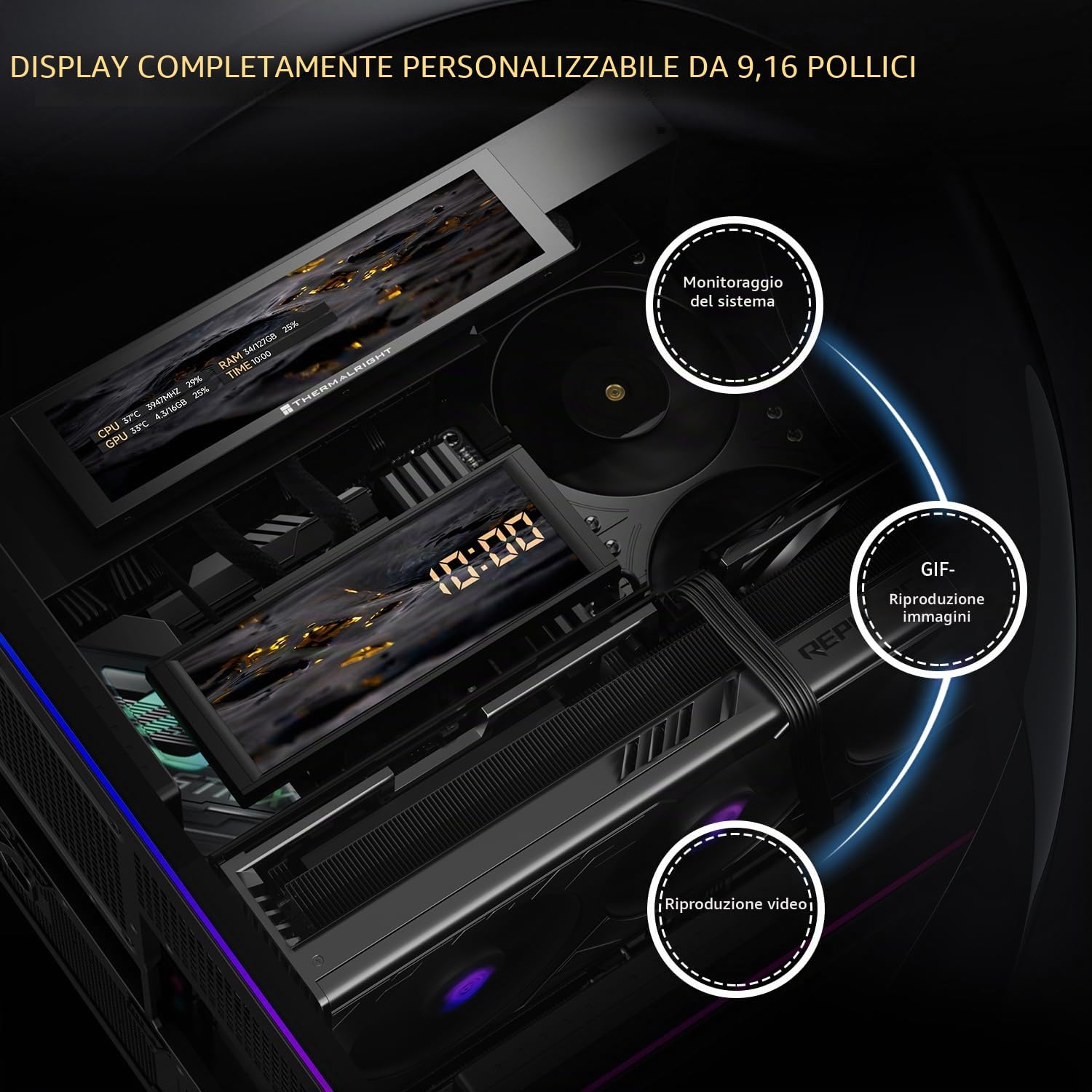 Thermalright Custodia per PC A70 Vision con display da 9,16 pollici | vetro di sicurezza panoramica,torre ATX,supporta scheda madre ATX/scheda grafica da 42cm
