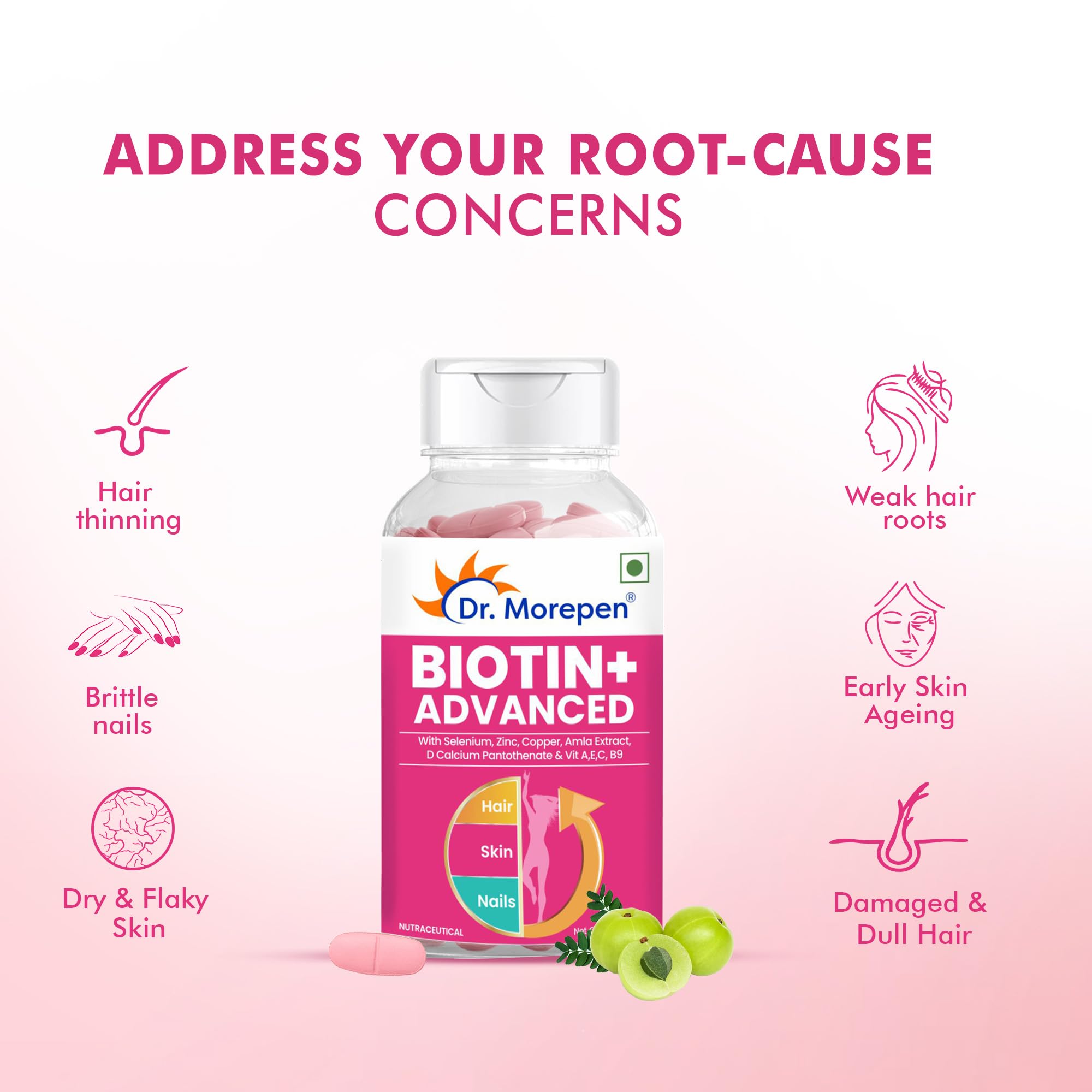 DR. MOREPEN Biotin+ Tabs | With Multivitamins, Amino Acids, Natural Extract of Amla, Turmeric & Green Tea, Bhringraj & Brahmi | (60 Tablets) — Amazon image 6
