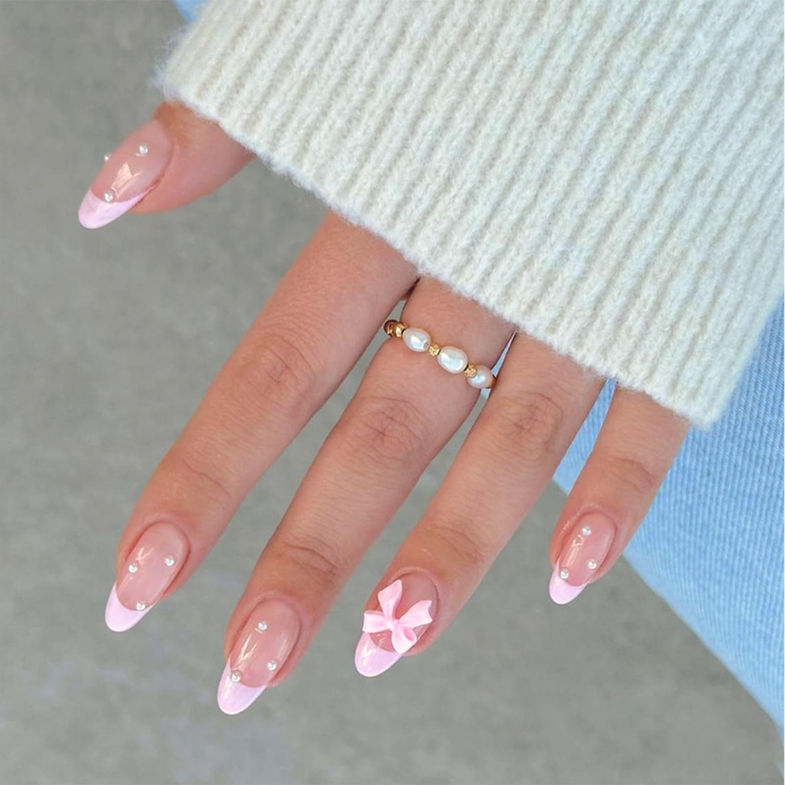 Goiern 24 Uds French Tip Press on Nails Dulces uñas postizas acrílicas con lazo 3D de nácar nude rosa cobertura completa False Nails almendras para pegar