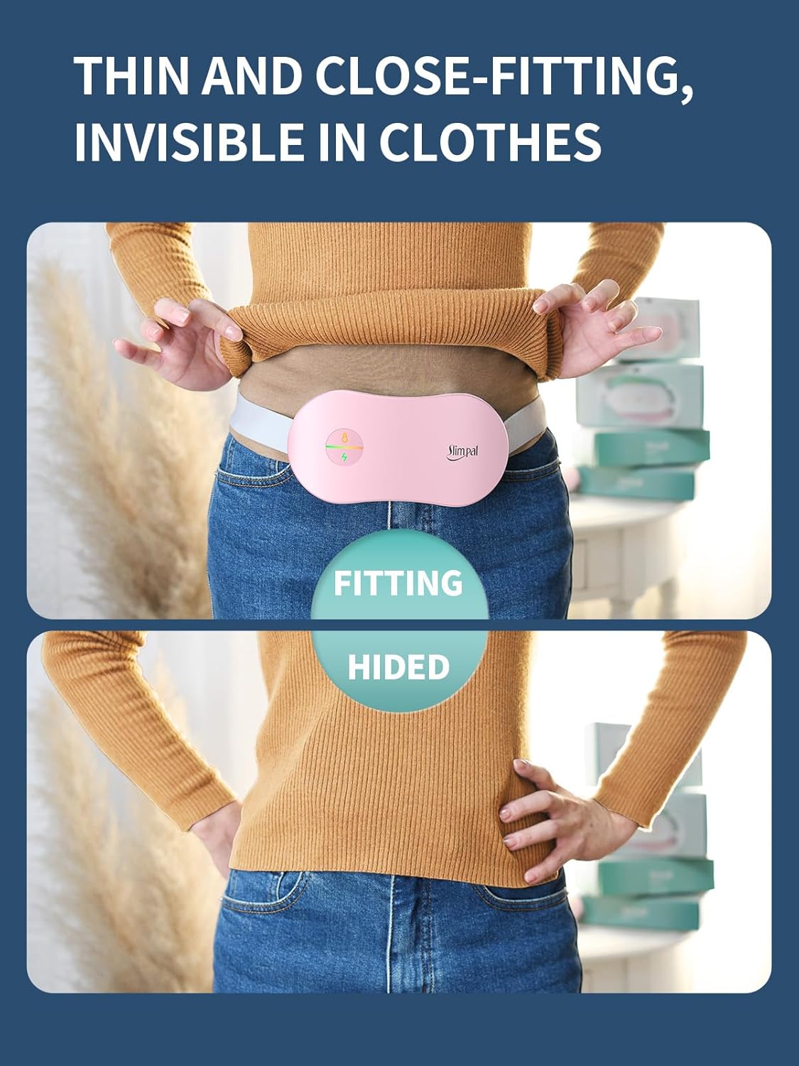 Confronto tra il cuscinetto riscaldante Slimpal che si adatta discretamente sotto i vestiti e un'alternativa ingombrante