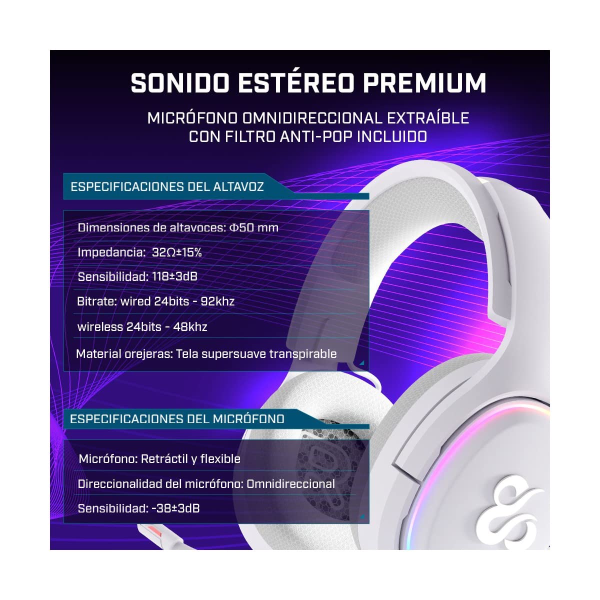 NewSkill Casque de Jeu sans Fil Aton Ivory, Microphone intégré, autonomie de 18 Heures, configurable RGB, Bluetooth 5.0, Casque d'ordinateur Ergonomique, Compatible PC/PS4/PS5/Mac/XBOX/Android Blanc