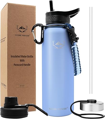 NATURE PIONEOR Botellas de agua aisladas con mango de paracaídas, 24324064 onzas, botella de agua deportiva de boca ancha con 3 tapas, de acero