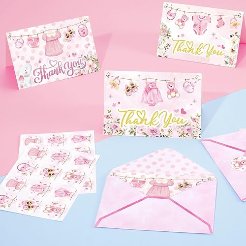 Vista 13 de WERNNSAI Tarjetas de agradecimiento de dinosaurios, 24 unidades, decoraciones de cumpleaños de dinosaurios rosados, tarjetas de felicitación