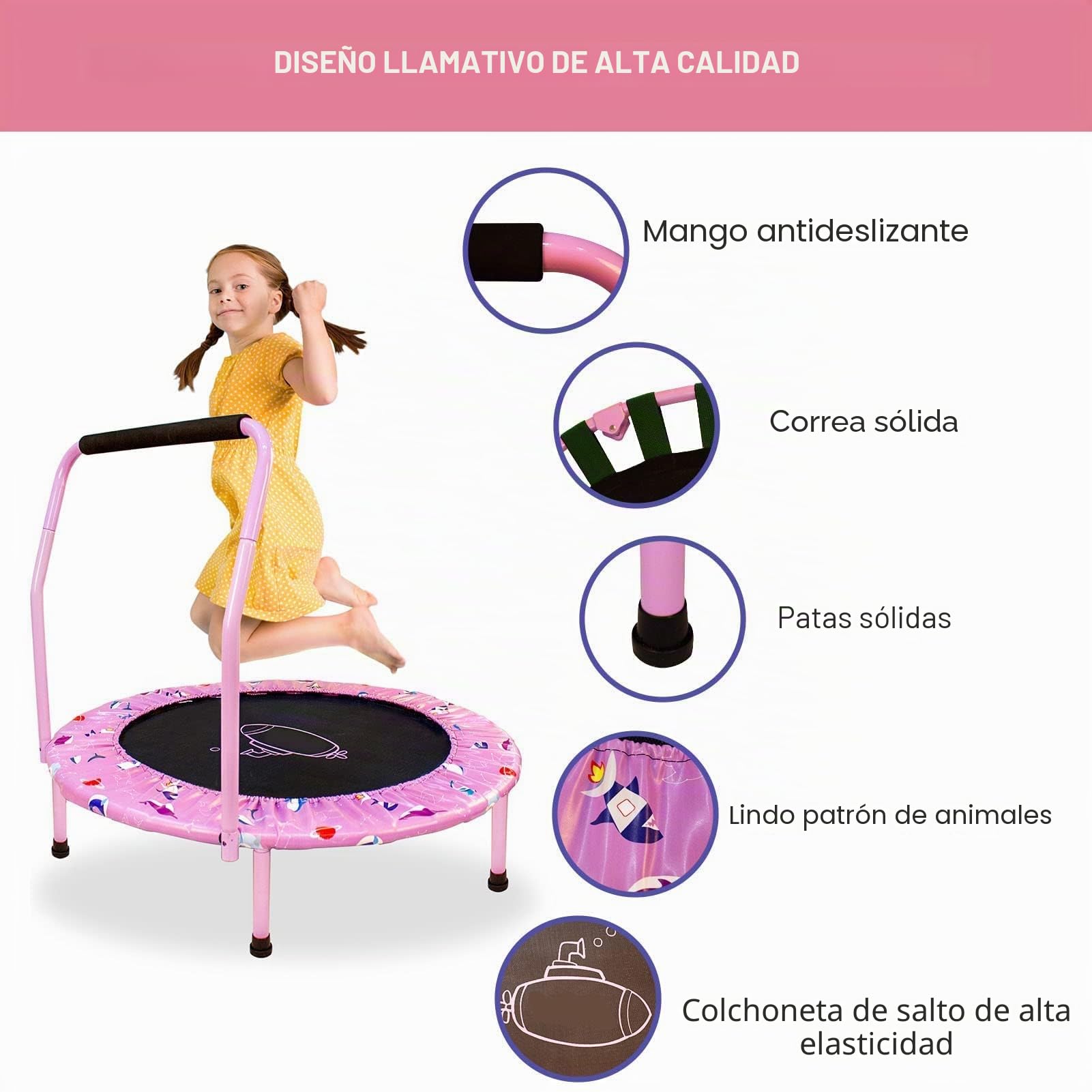 Trampolín para niños ø 96 cm, Mini Trampolín Plegable para Niños Pequeños con Asa Almohadilla Protectora de Seguridad Cubierta Colchoneta para Saltar Interior/Exterior Puente de Rebote Redondo