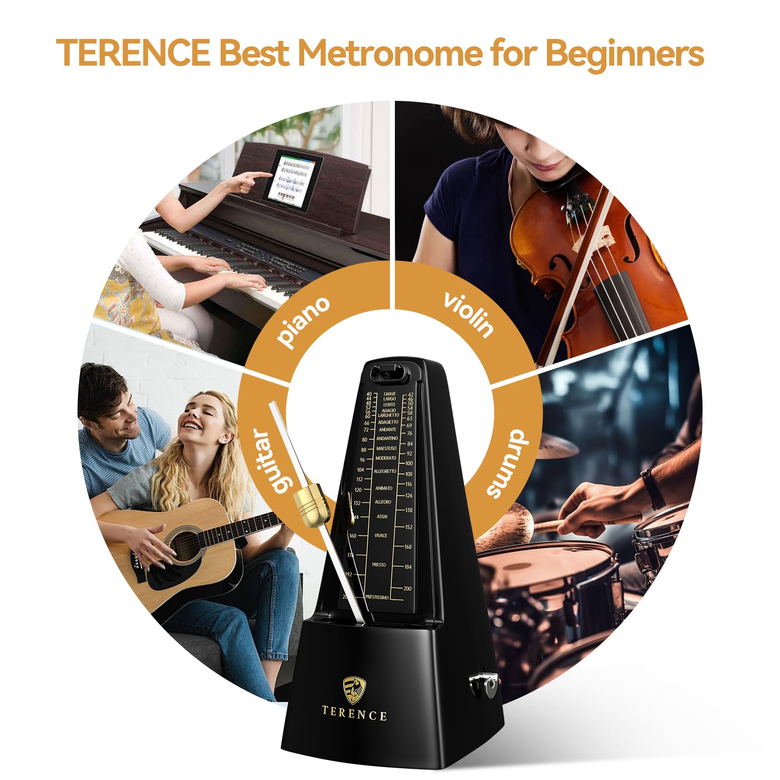 Métronome mécanique TERENCE métronome de haute précision son puissant adapté au piano violon clavier guitare basse guzheng batterie Qinge, adapté aux adultes, enfants, débutants, professionnels, noir
