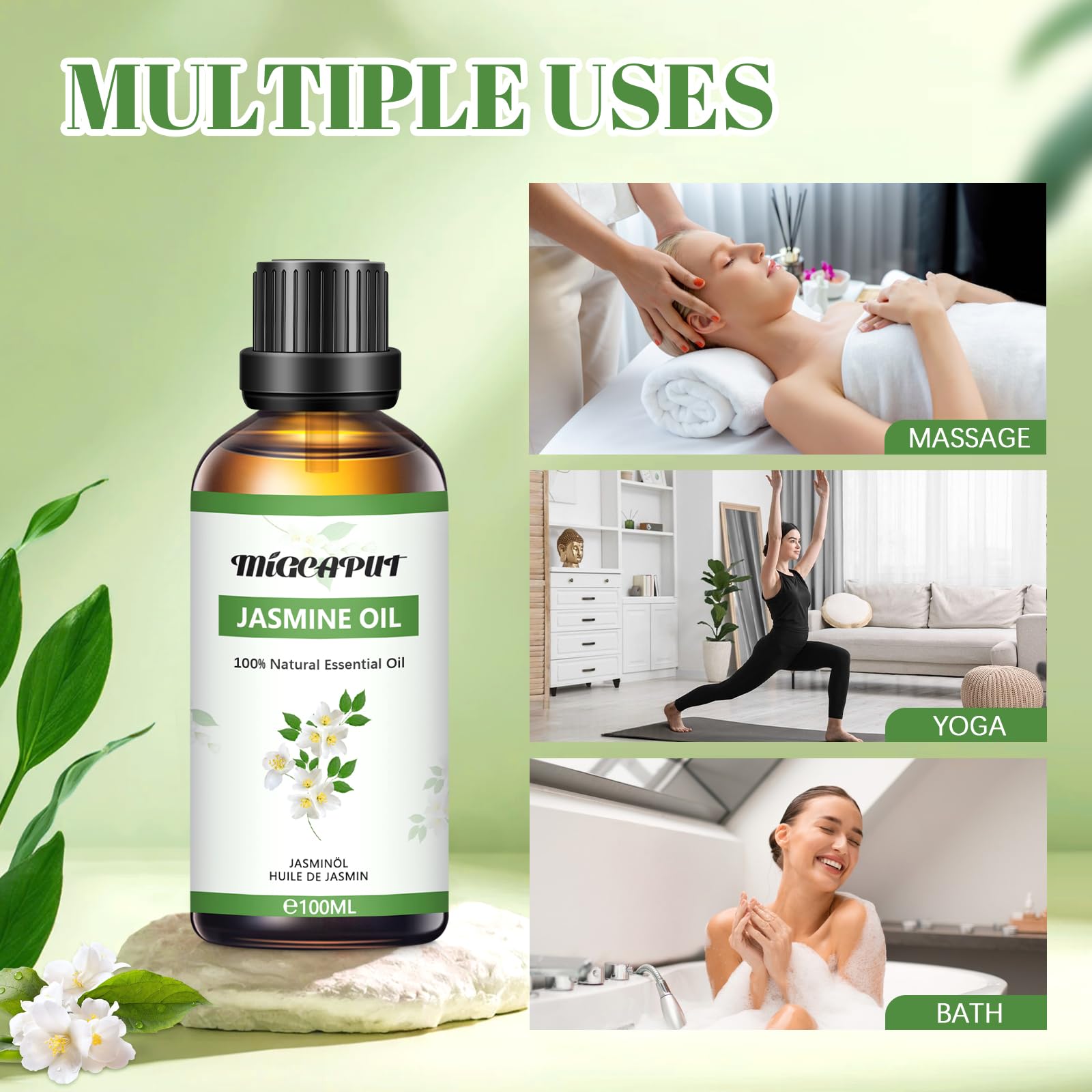 MIGCAPUT Aceite Esencial de Jazmín 100ML, 100% Natural Aceite de Fragancia Premium, Aceites Esenciales de Aromaterapia para Humidificador Difusor, SPA, Masaje, Dormir, Jabón Artesanal