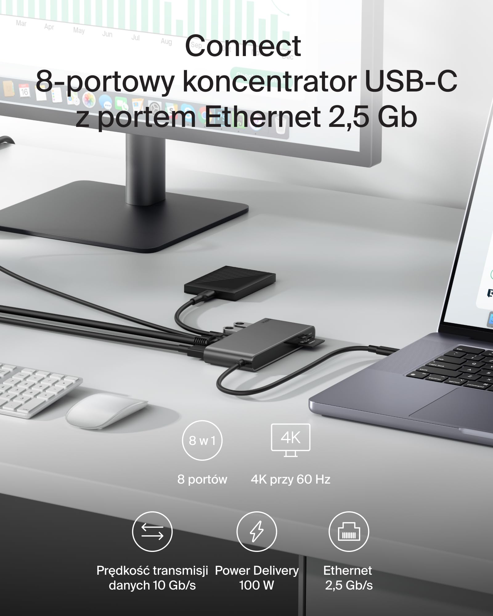 Belkin Connect 8-portowy USB C Hub, Obsługa Wyświetlaczy do 4K przy 60 Hz – Działa z Urządzeniami Mac, Windows i Chromebook – 100 W PD, Transmisja Danych 10 Gb/s, Ethernet 2,5 Gb/s – Szary