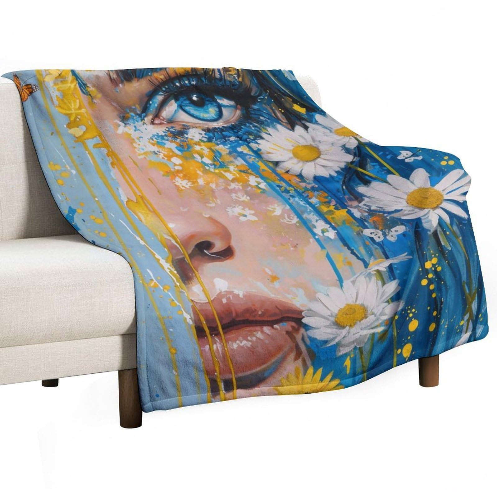 YHGSREUOH Blue Eye Floral Butterfly Woman Surreal 01 Flannel Blankets Fleece Soft Throw Lightweight Plush Gifts for Couch, Bed, Cozy Sofa Plush, Chair, Lovers 175x200cm(70x80in)
