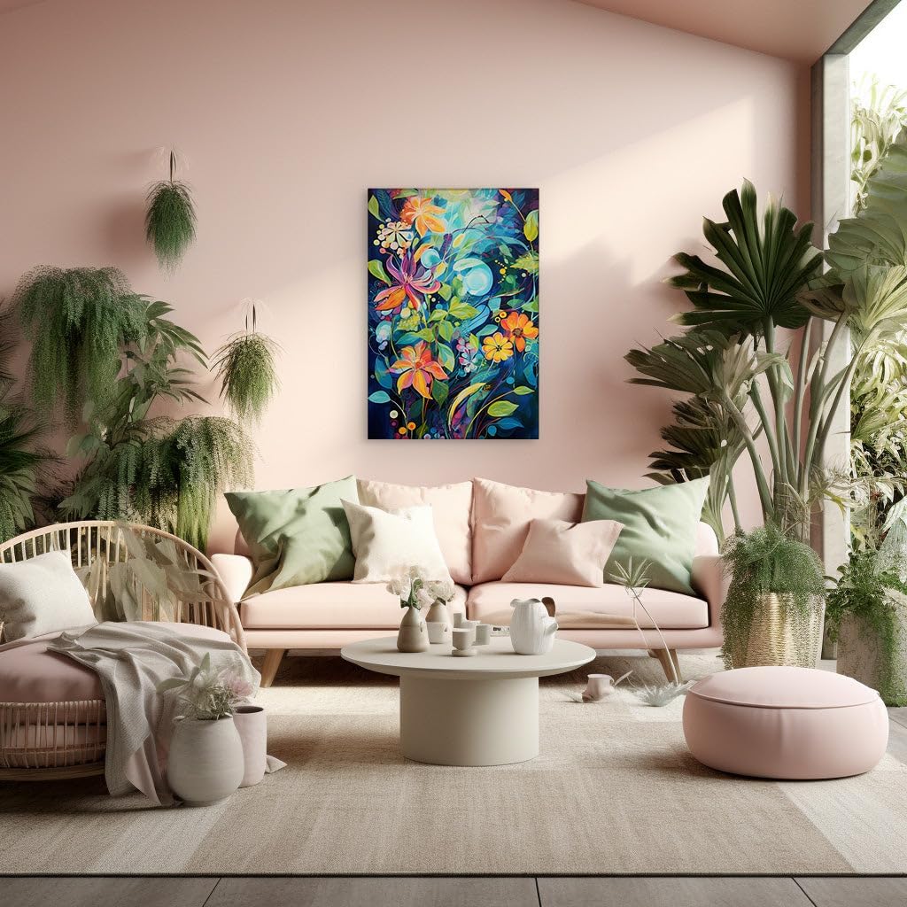 Canvas for Living room. Blooming Abstractions on Blue A Dance of Color and Life in Art, 27 x 18 inch Canvas Wall Art - Contemporary Masterpieces - Modern Home Decor