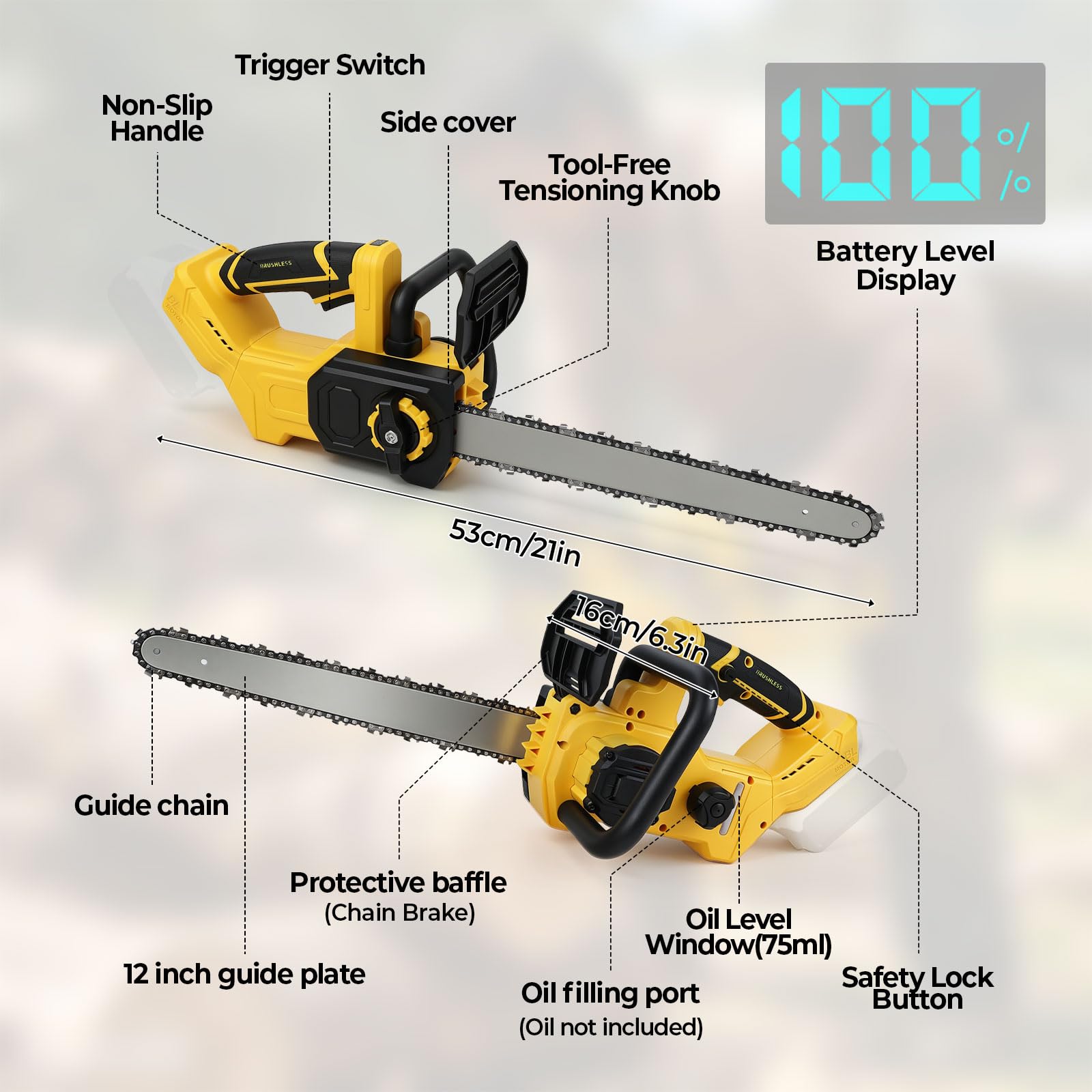 Akumulatorowa piła łańcuchowa, kompatybilna z akumulatorem DEWALT 18 V, 20 V, bezszczotkowa elektryczna piła łańcuchowa 9 m/s ze zbiornikiem oleju 75 ml, hamulec bezpieczeństwa do cięcia i przycinania