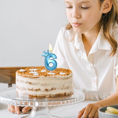 Miniatura 3 de Vela azul con el número 7 para pastel de cumpleaños, corona en forma 3D, decoración de pastel temática azul para fiesta de 7 cumpleaños (azul 7)