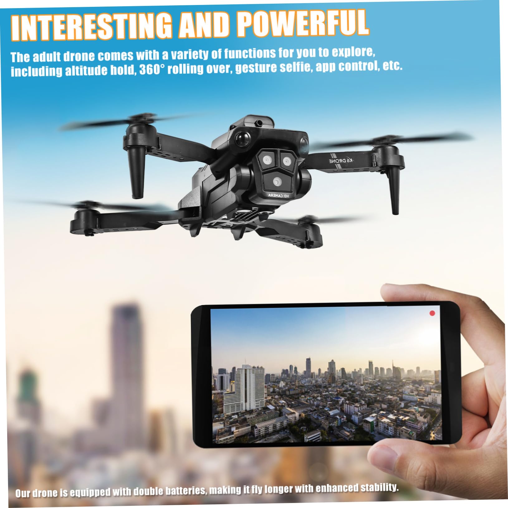 Drone Pieghevole Max con Tre Camere HD e Batteria 1800mah | Lente Elettrica Regolabile 150°, Funzione Anti-ostacoli, Scocca Abs Nera, Doppie Batterie Incluse