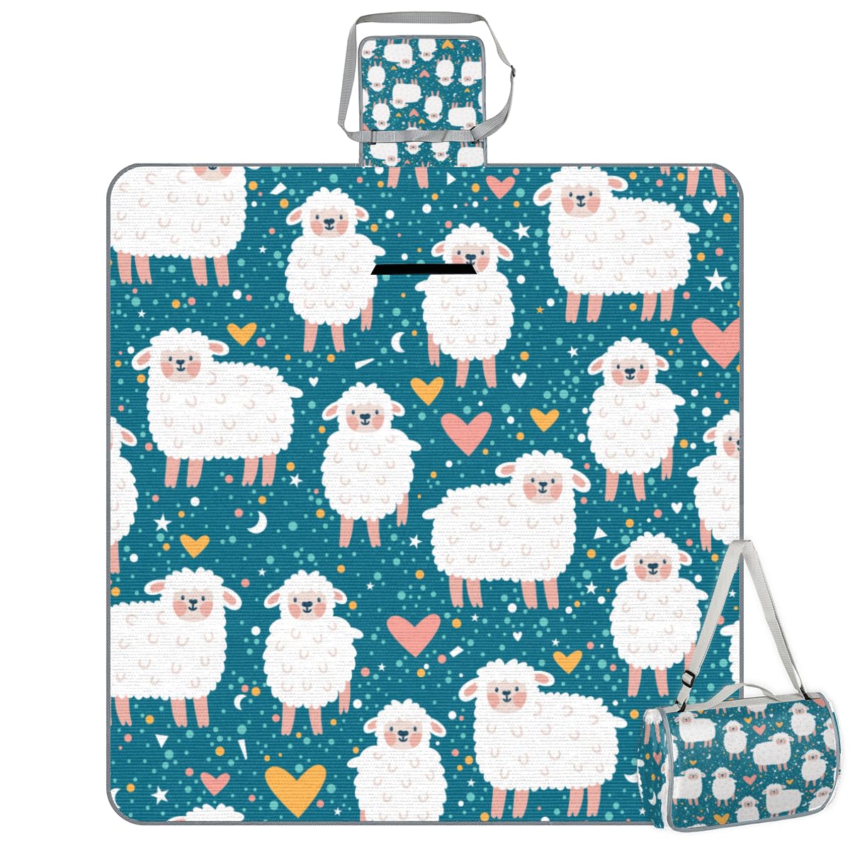 Shimoshe Picnic Blankets 57”x 59”, Lovely Polka Dot Lamb Waterproof Sandproof Picnic Mat Lightweight Foldable Beach Blanket for Camping Park Grass Beach Outdoor Blanket