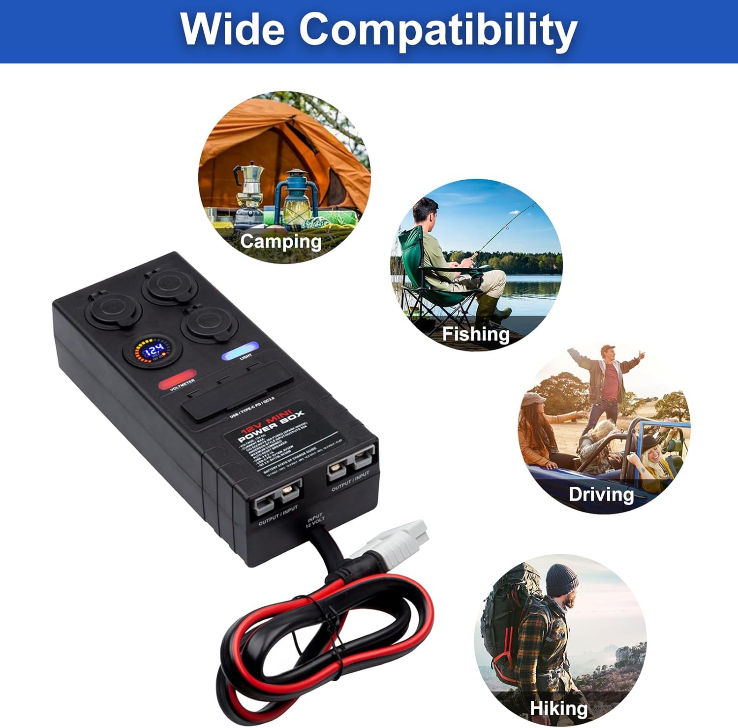 Mini Power Distribution Box 12V DC Battery Socket Max. 50A Current with 2 x Anderson, 6 x USB & 3 x Cig Sockets, Mini Battery Box for Outdoors RV Camping Fishing Emergency