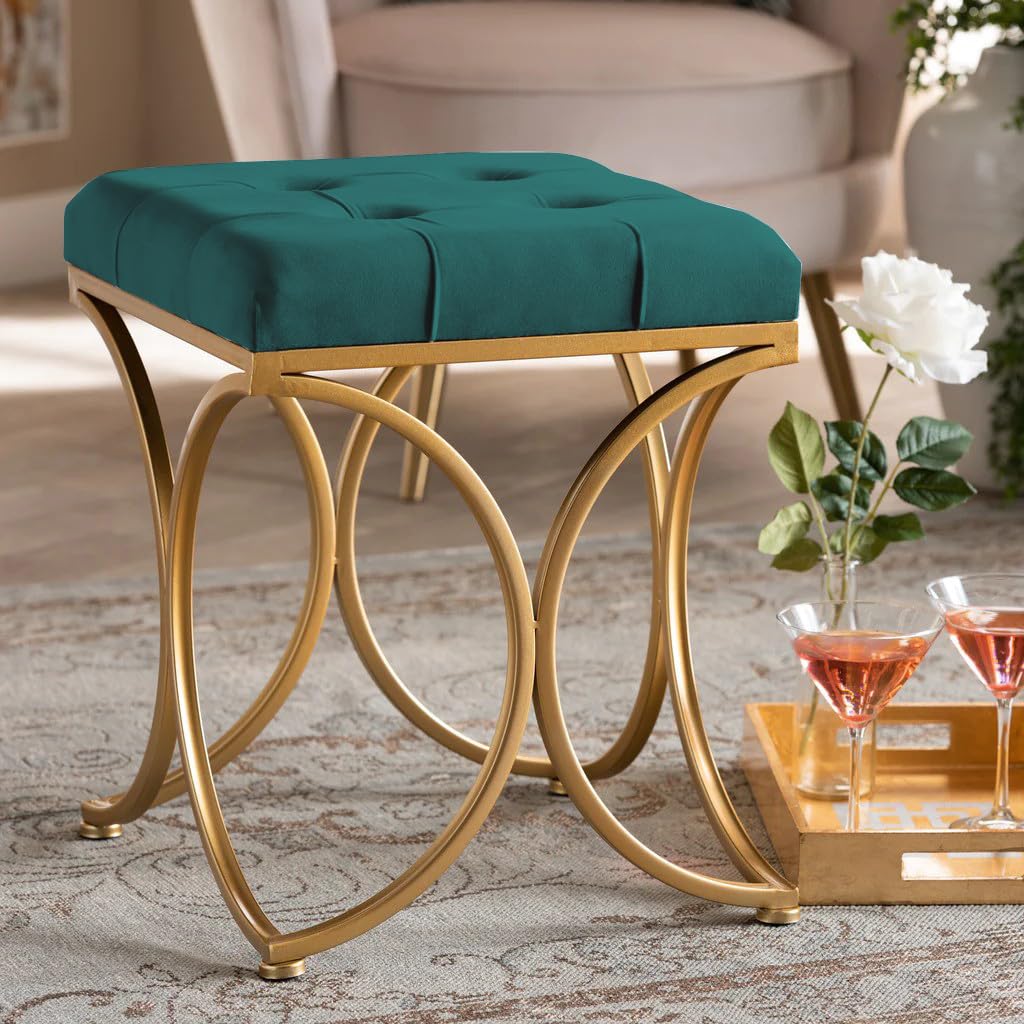 Dence Store Velvet Footrest Ottoman, Round for Use in Any Bedroom, Living Room, Entryway, Offices: Contemporary Round Stool Seat Sturdy Gold Metal Base Accent Furniture-Green-picture-17