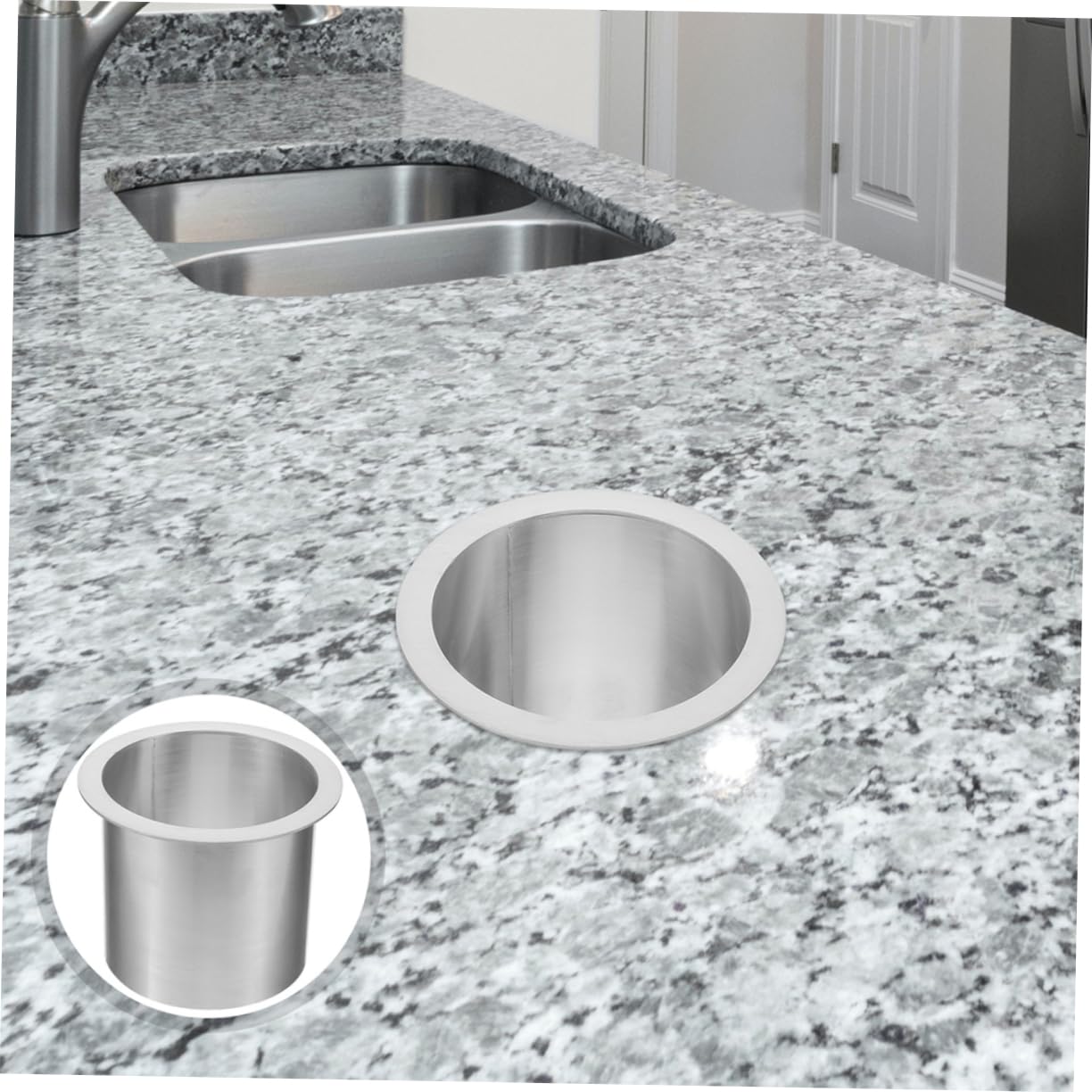 OUNONA Poubelle Encastrée Inox Ronde 304 pour Comptoir, Argenté | Passe-déchets Intégré au Comptoir, Œillet Rond en Métal Amovible, Usage Business