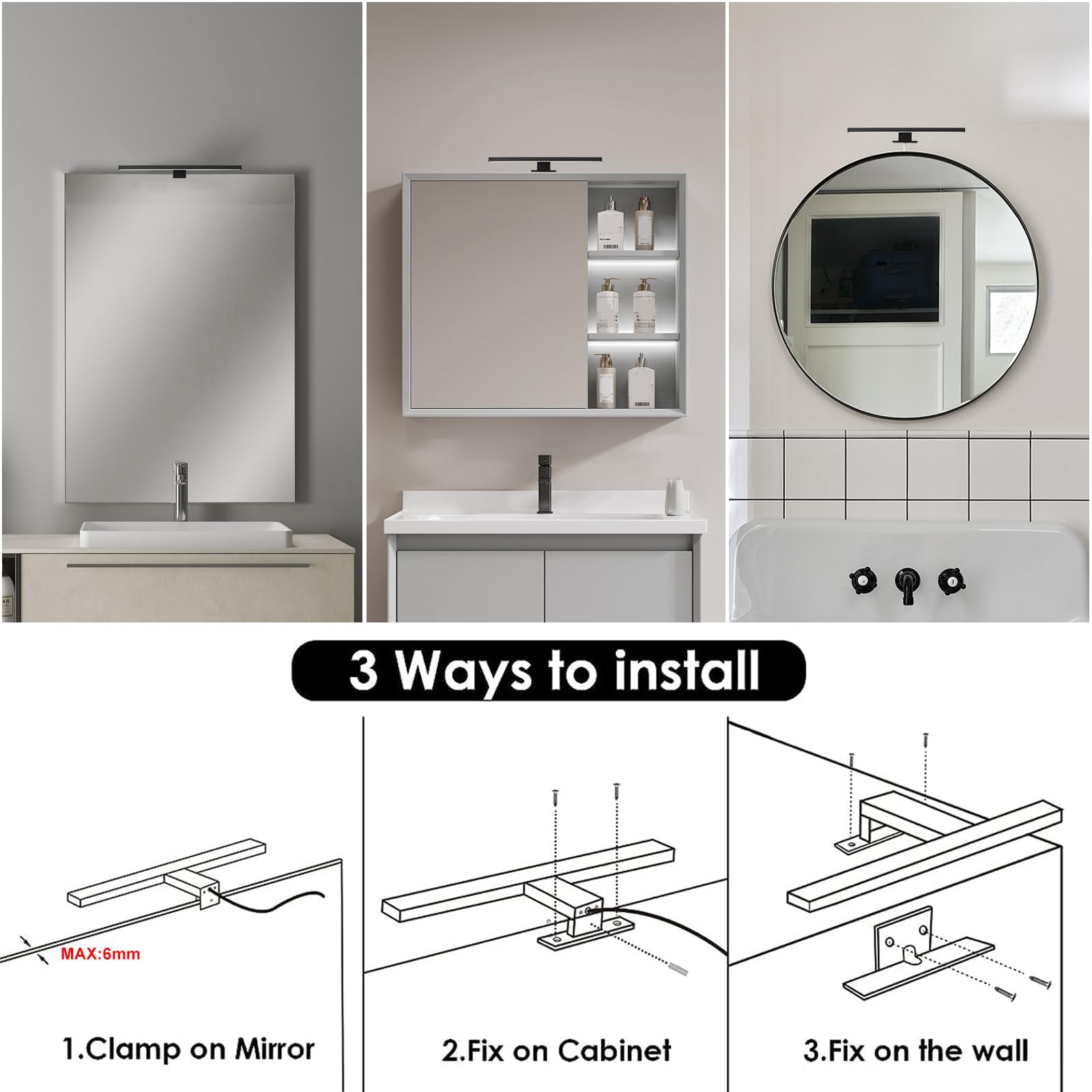 DEELUX Lampe Miroir Salle de Bains LED 5W 400lm, IP44 Blanc Neutre 4000K 30cm Armoire Miroir Murale lumière,3 en 1 Miroir Lumineux, Luminaire Salle de Bain 230V,300mm,Noir