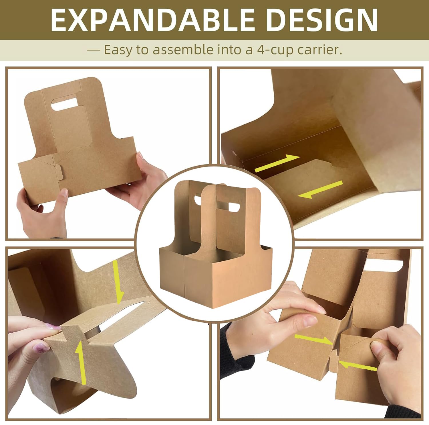 50PCS 2 Cup Disposable Drink Carrier with Handle, Floral Wrap Packing Gift Box, Portable Take Out Cup Carriers for Delivery Coffee Beverage, Kraft Paperboard Cup Holder for Hot or Cold Drinks