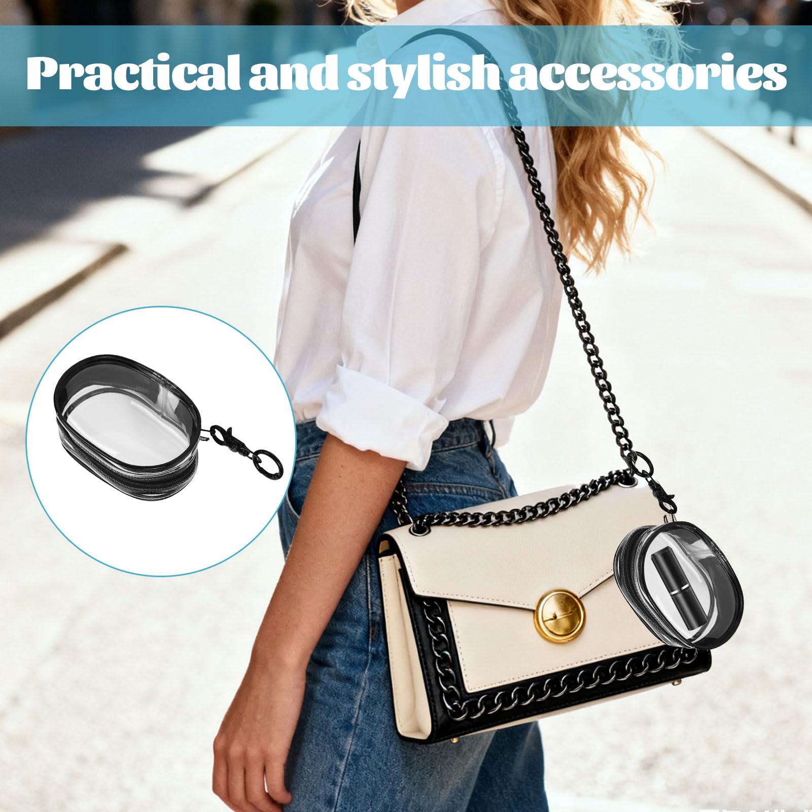 3Pcs Clear Pouches with Keychain Mini Makeup Bag Clear Makeup Bag Waterproof Key Pouch Cle ar Travel Toiletries Bag Small Makeup Pouch for Women Lipstick Card Cable(Black,White,Blue) - Image 3
