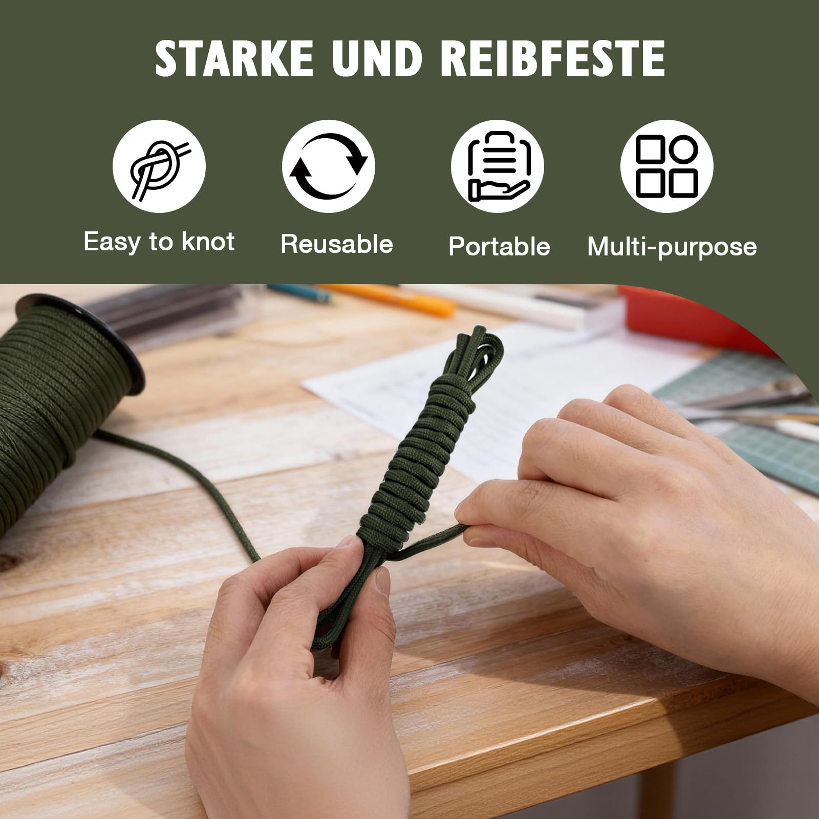 AiQInu Paracorde 4mm, 30m Corde Escalade, 9 Brins Corde en Nylon Résistance 250kg, Paracord Multifonction pour Escalade, Camping, Randonnée et Bobine pour Bracelet,Vert Militaire