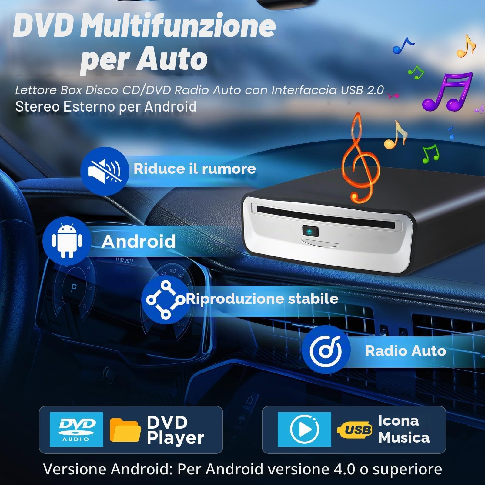 Lettore CD/DVD USB esterno per auto, laptop, TV - Lettore CD Plug & Play con porta USB, unità ottica portatile per autoradio, computer, lettore multimediale - Dispositivo di navigazione originale