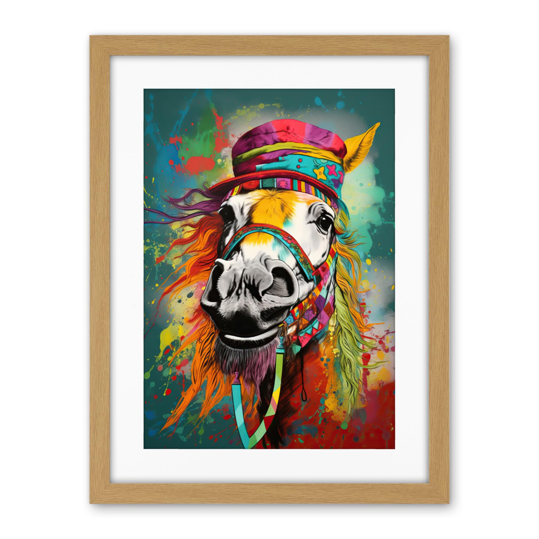 Artery8 Hippie Horse with Multicoloured Hat and Bridles Artwork Framed Wall Art Print 18X24 Inch