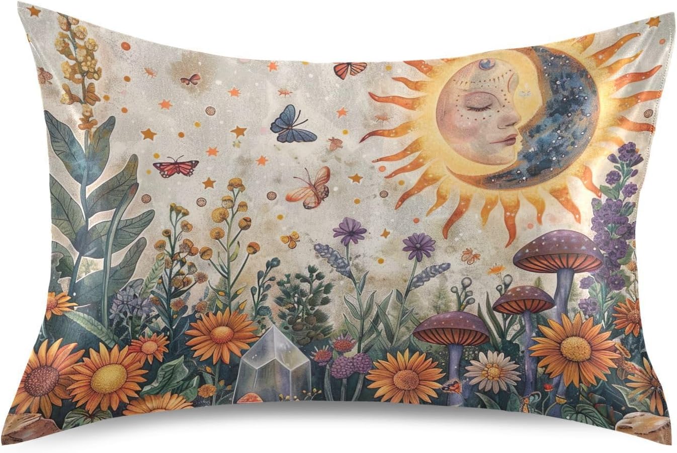 YETTASBIN Boho Sun Moon Satin Pillowcase, Soft Breathable Silk Pillow Case with Envelope Closure for Hair and Skin, Standard Size 26 x 20 Inch