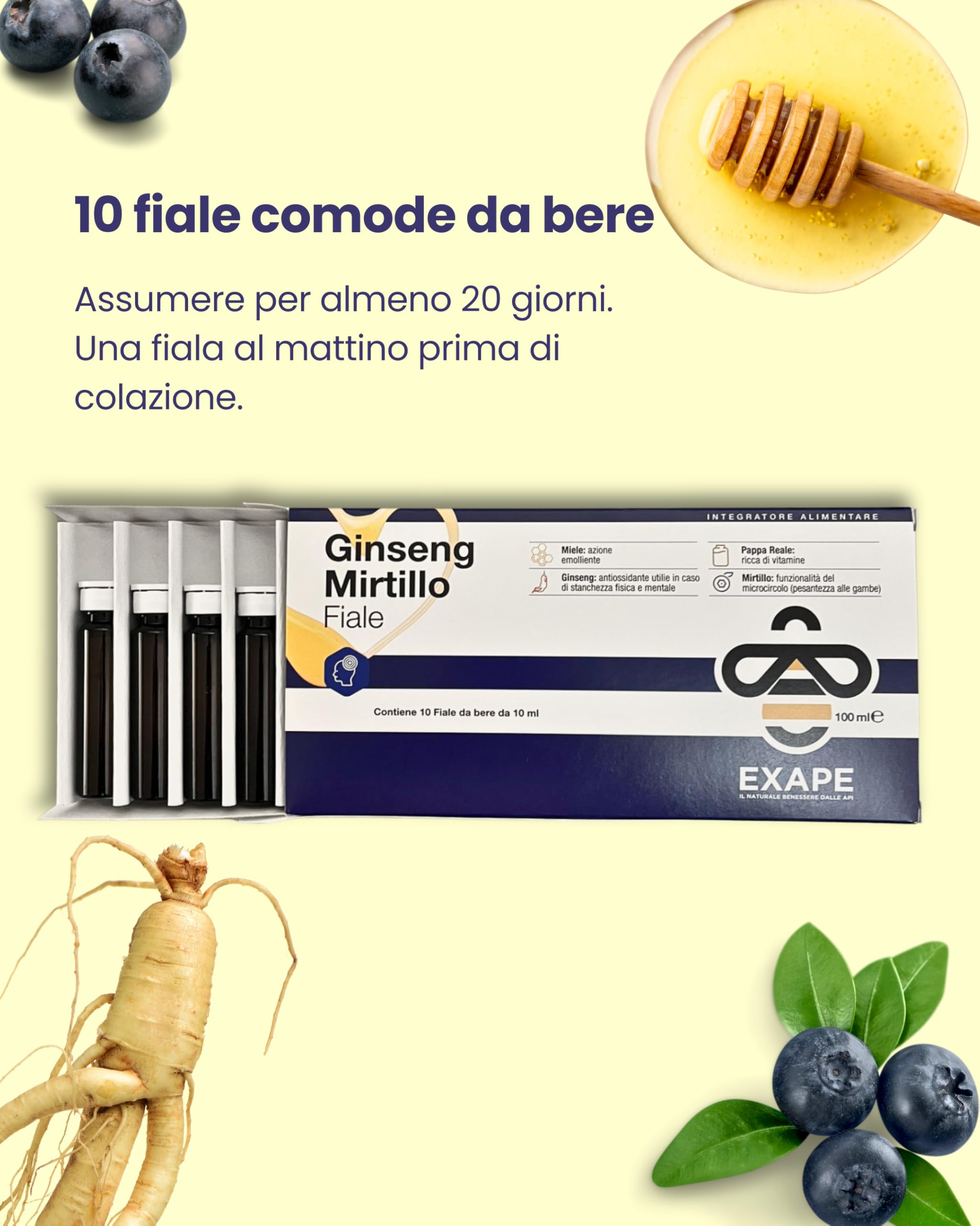 EXAPE - Pappa Reale Fresca Tonico Naturale, Integratore Energetico, Azione Ricostituente e Antiossidante, con Miele 50%, Pappa Reale Fresca, Ginseng, Mirtillo, 10 Flaconcini da 10ml - 2 CONFEZIONI