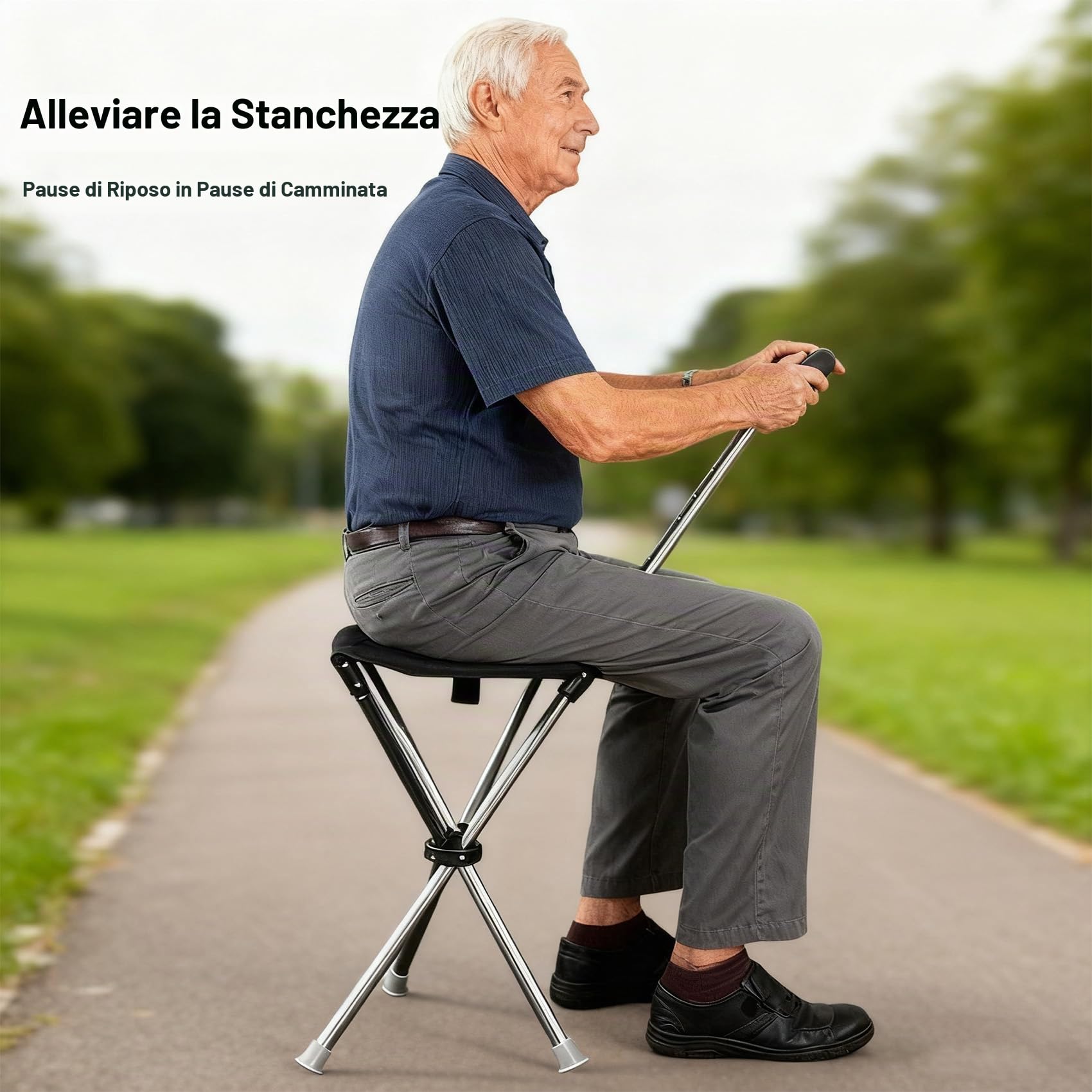 Bastone da passeggio pieghevole con funzione di seduta e base in silicone antiscivolo
