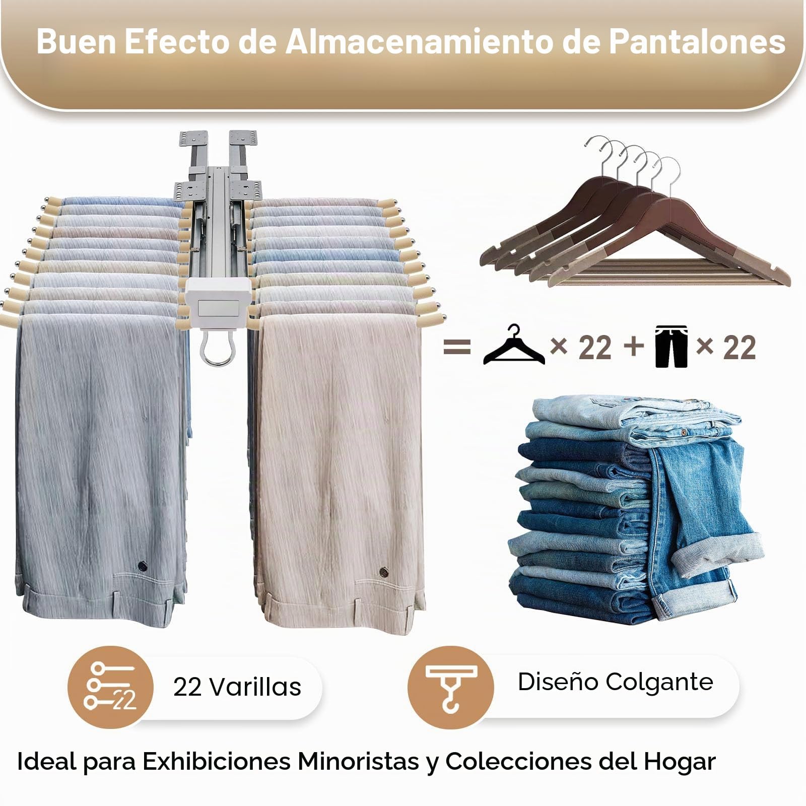 Percha extensible de dos filas para pantalones, 22 brazos, para pantalones, ahorra espacio, con revestimiento antideslizante flocado, organizador de armario