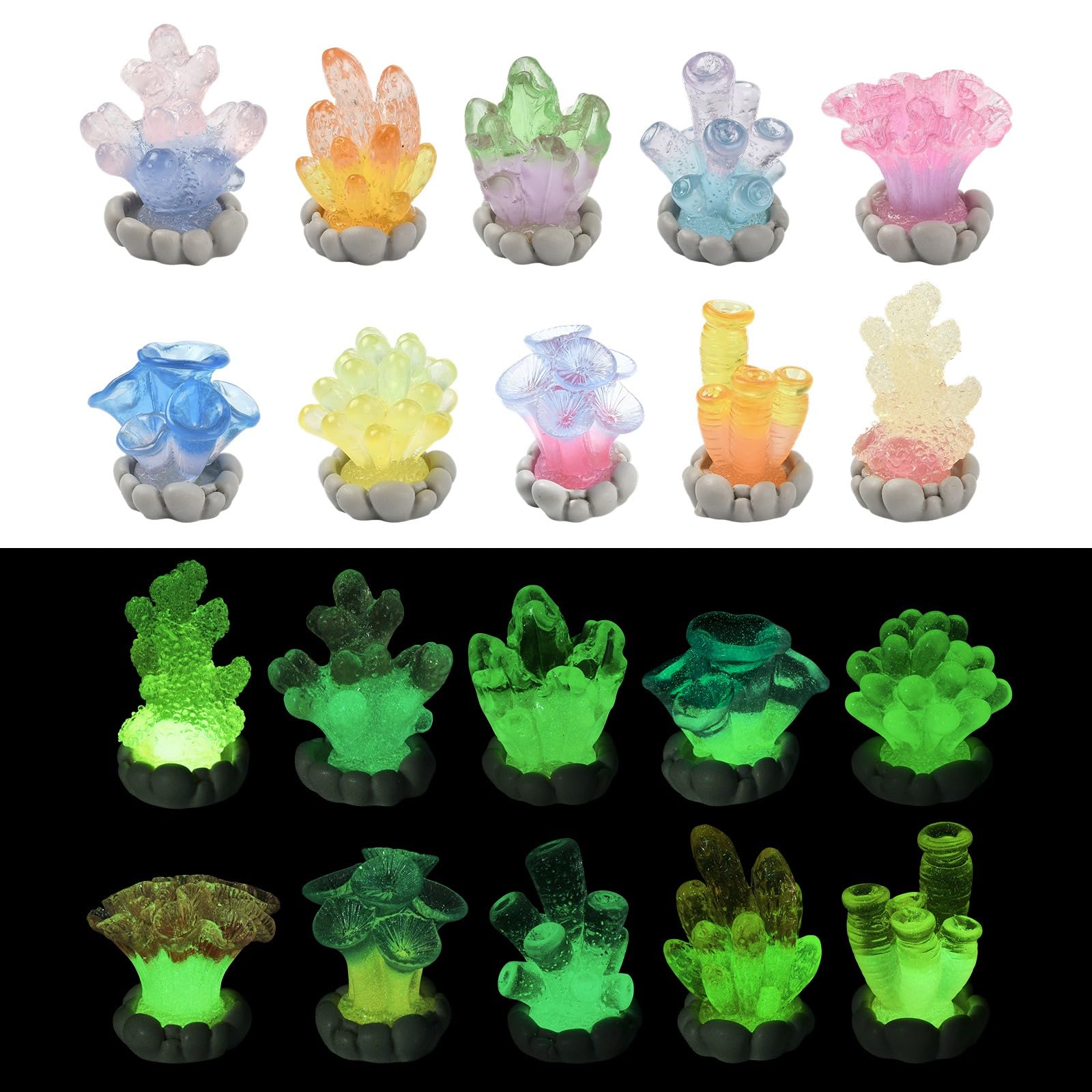 Stiesy 30Pcs Luminous Resin Coral Shape Figurines Sea Ocean Animal Display Decorations Glow In The Dark for Aquarium Scenery Fish Tank Terrarium Decoration
