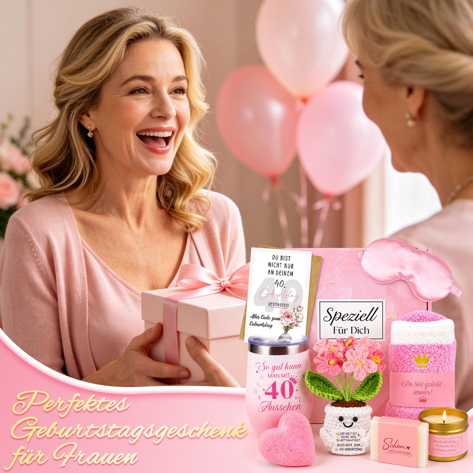 TUZELIYA 40 Geburtstag Frauen, 8tlg. Geschenke zum 40. Geburtstag Frauen mit Grußkarte, Positive Geburtstag Geschenkset für Beste Freundin, Mama Schwester Ehefrau Tante, Schönes Geburtstagsgeschenk
