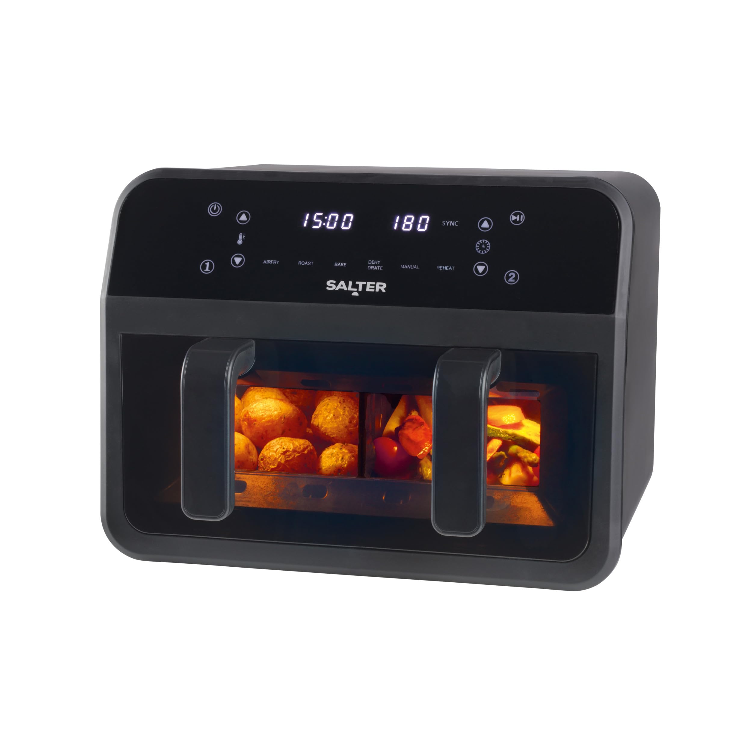 Salter Dual View Friteuse à air – Plaque de cuisson antiadhésive de 7 L avec séparateur amovible, grande capacité familiale, fenêtre de visualisation, numérique à LED, 6 fonctions, 2300 W