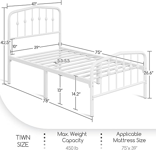 Miniatura 2 de Yaheetech Marco de cama individual con plataforma de metal con cabecera y estribo de hierro forjado de estilo victorianofácil montajeno necesita
