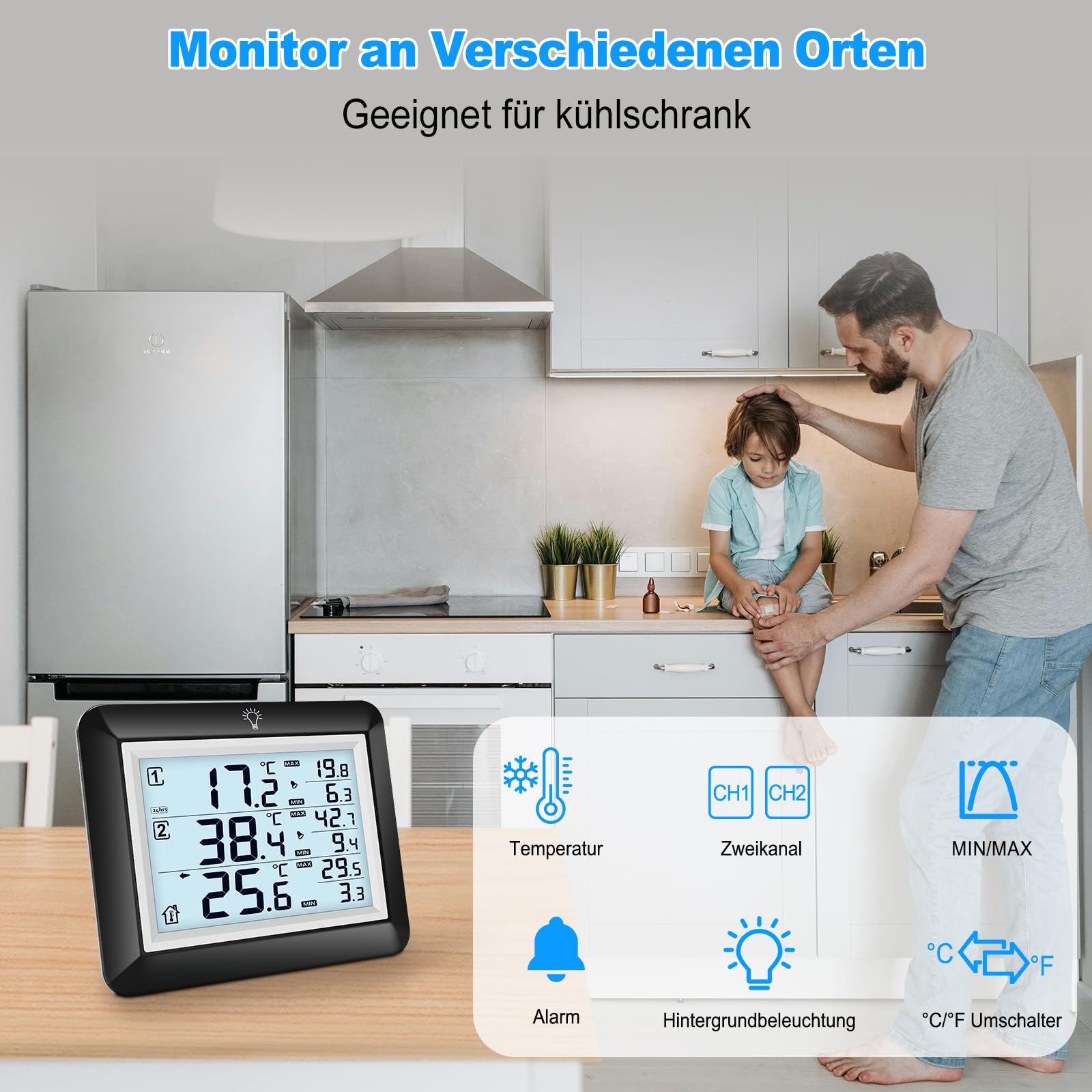 Urageuxy Thermometre Congelateur avec Alarme, Thermomètre de Frigo Congelateur, Prtée 100M, Rétroéclairage, Mesure de -40°C à 60°C, Valeurs Max/Min, Pour Famille et Restaurant