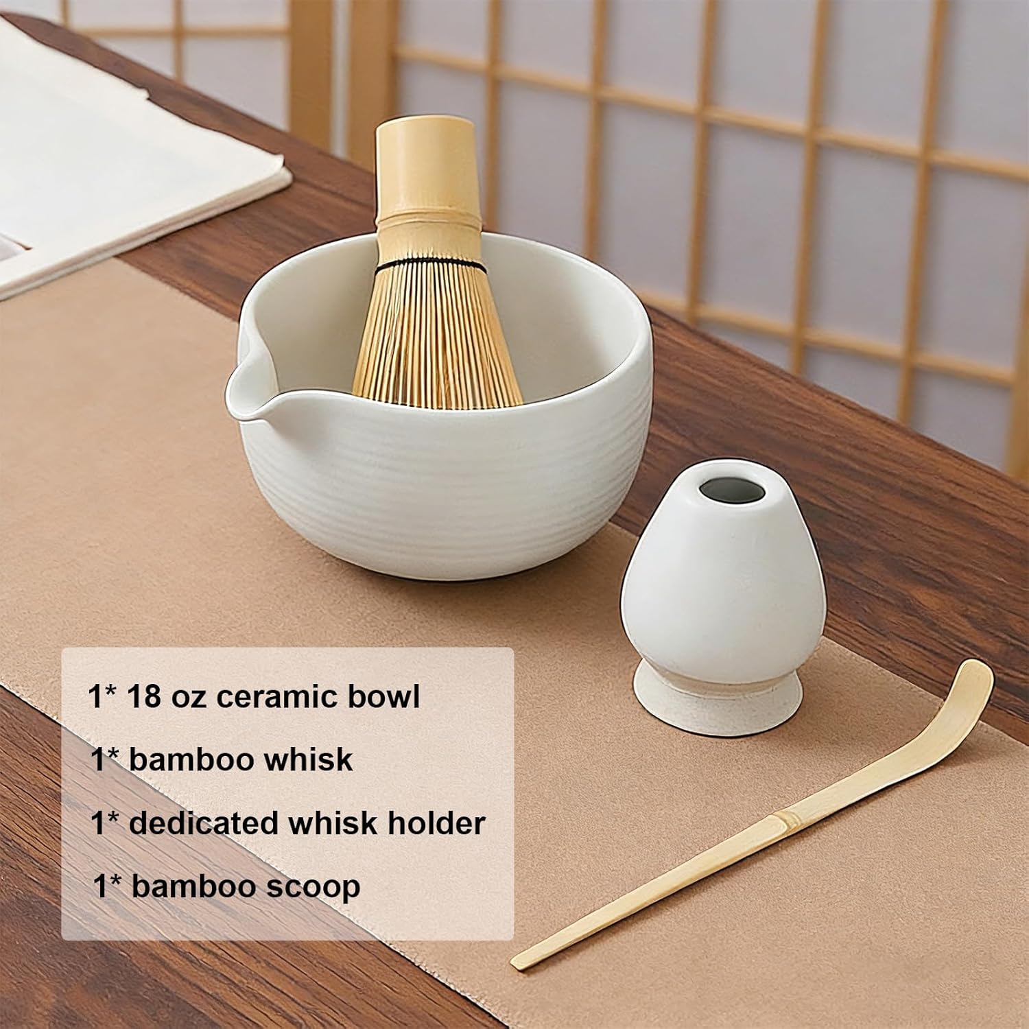 Matcha Whisk Set 4-Piece, with 18 oz Ceramic Matcha Bowl with Spout, Bamboo Whisk, Holder, Scoop, for Daily Rituals & Ideal Gift for Tea Lovers, Elegant Modern Design, White