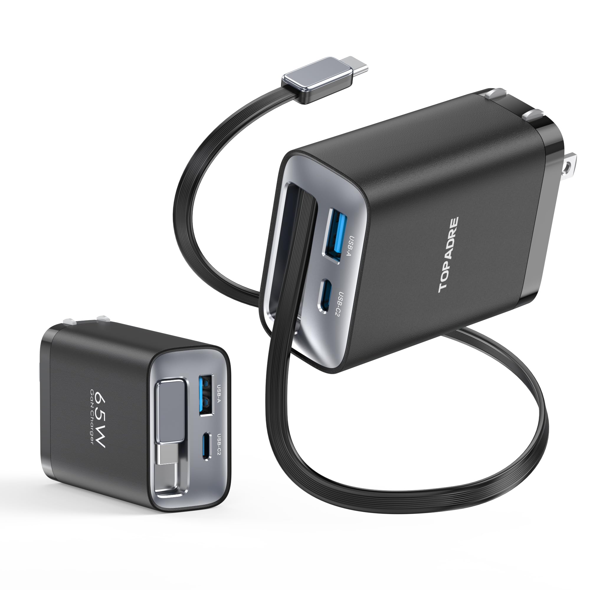 TOPADRE 65W Retractable Charger, 3-Port Foldable Plug USB C Charger Block with 85CM Fast Charging Cable, Type C Charger for iPhone 17 Air/16/15/14 Pro/Pro Max, MacBook Pro/Air and iPad Pro/Air (Black)
