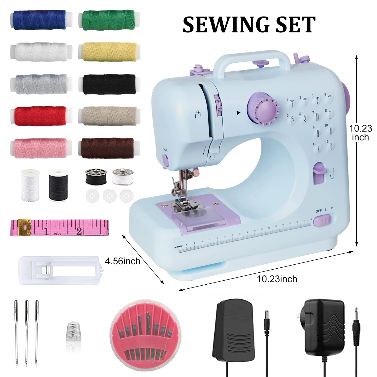 Naaimachine voor beginners en kinderen met instructies, 12 geïntegreerde steken, 2-weg dubbele draad, mini-naaimachine met pedaal, naaimachine voor thuis, ledlicht, eenvoudig te gebruiken
