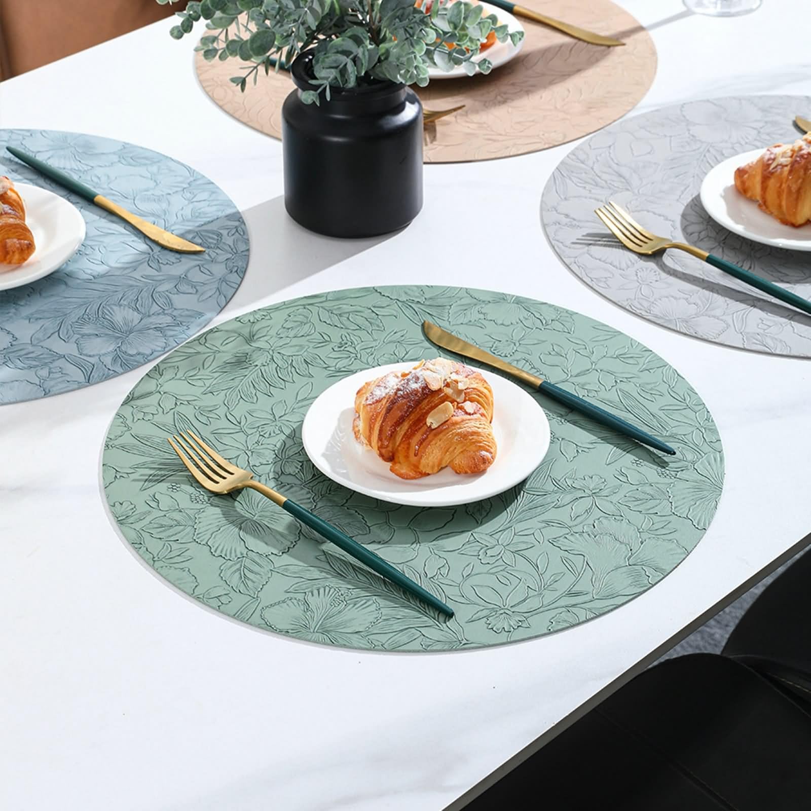 8-częściowy zestaw podkładek ze stali szlachetnej, maty stołowe ze skóry, 34 cm, okrągłe, z kwiatowym wzorem, zielone do domu, kuchni, hotelu i restauracji