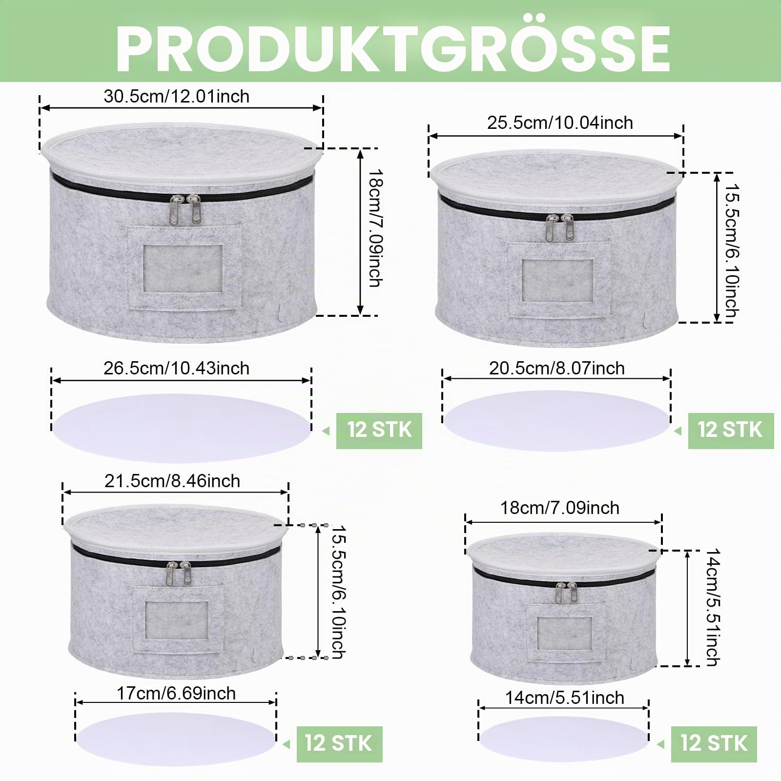 Filzteller-Aufbewahrung, 21,2 cm, 21,6 cm, 25,4 cm, 25,4 cm, 30,5 cm, Campervan-Schüsseln, Taschen, Camping, mit Deckel, Geschirr-Organizer mit 48 Protektoren, Trennwand, staubdicht, für Carvan