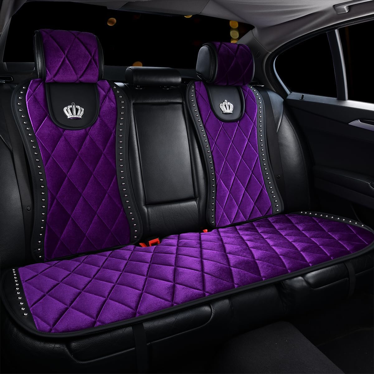 Luxury Small Waist Purple Car Seat Covers, Bling Rhinestones Metal Crown Queen Universal Fit Car Front Rear Seat Cover Set (Rear Seat Full Set)