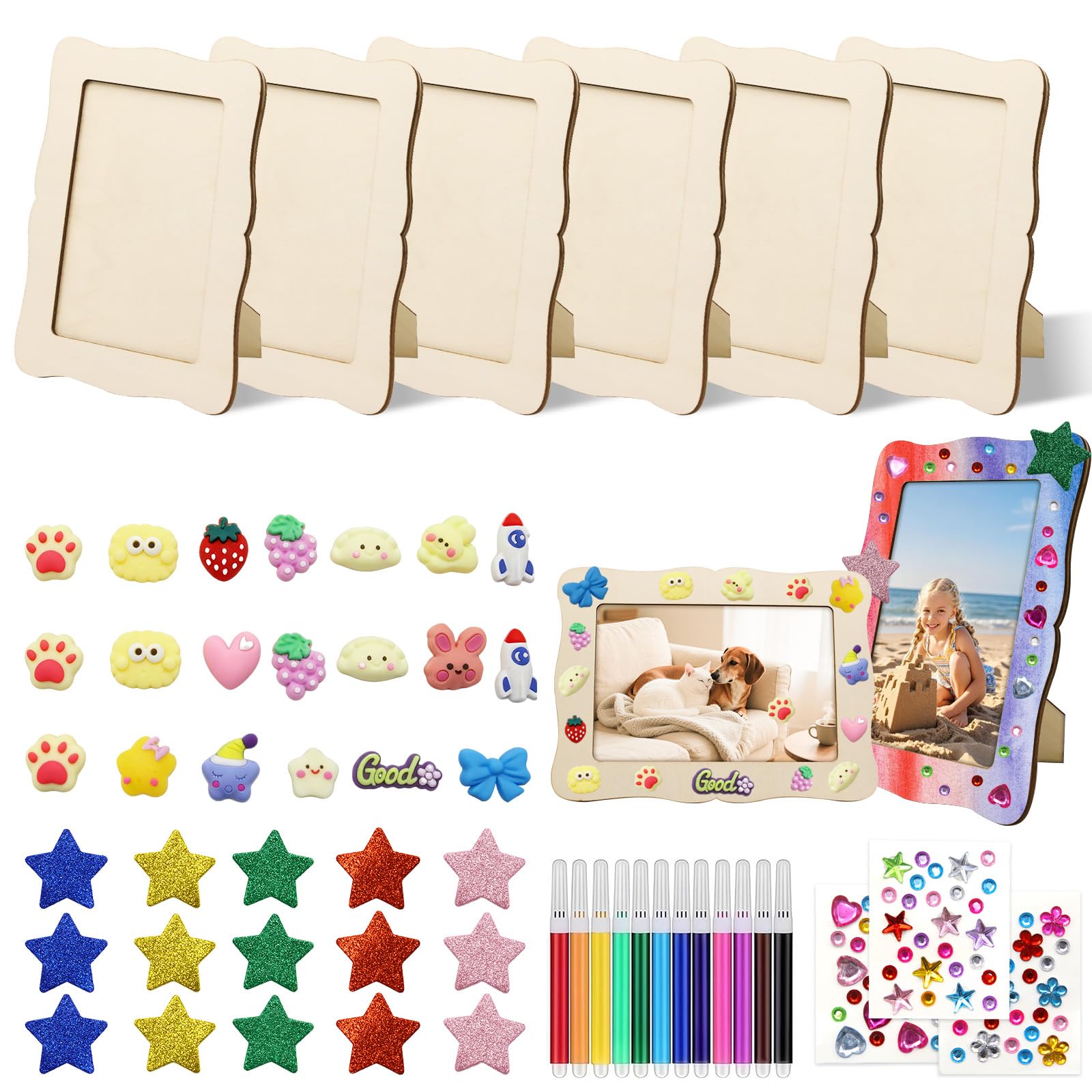 Rwbimti 6 Stück Bilderrahmen zum Bemalen für Kinder (20x15cm), Wellenform DIY Bilderrahmen Holz mit 3 Sorten Glitzersteinen & 3D Sticker für Deko Hochzeit Jubiläen Geburtstage Muttertag