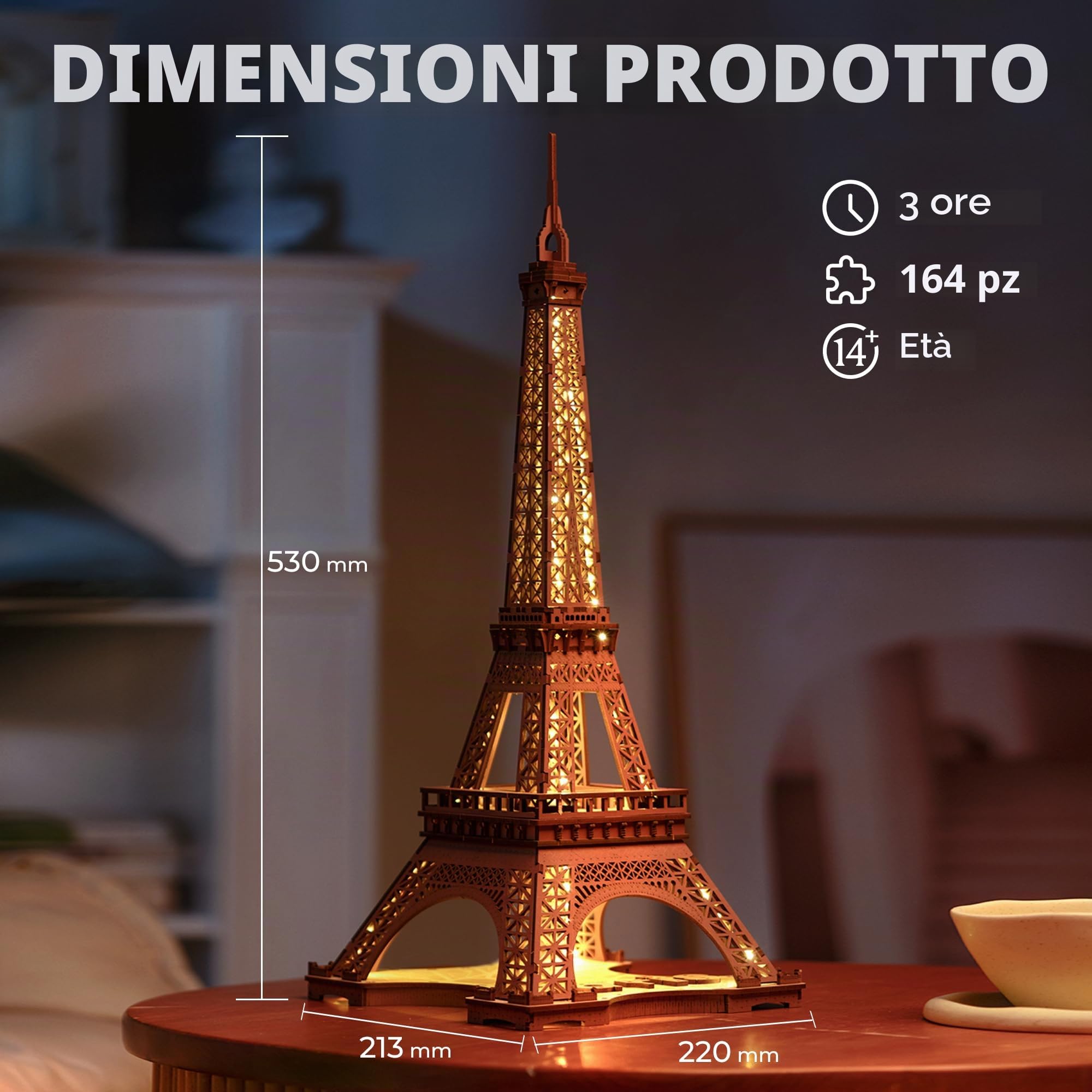 Rolife 3D Puzzle Notte della Torre Eiffel Kit di Costruzione Modelli in Legno Seghetti Alternativi in Legno Costruire per Adulti Modello con Luci LED 164pcs (TGL01)