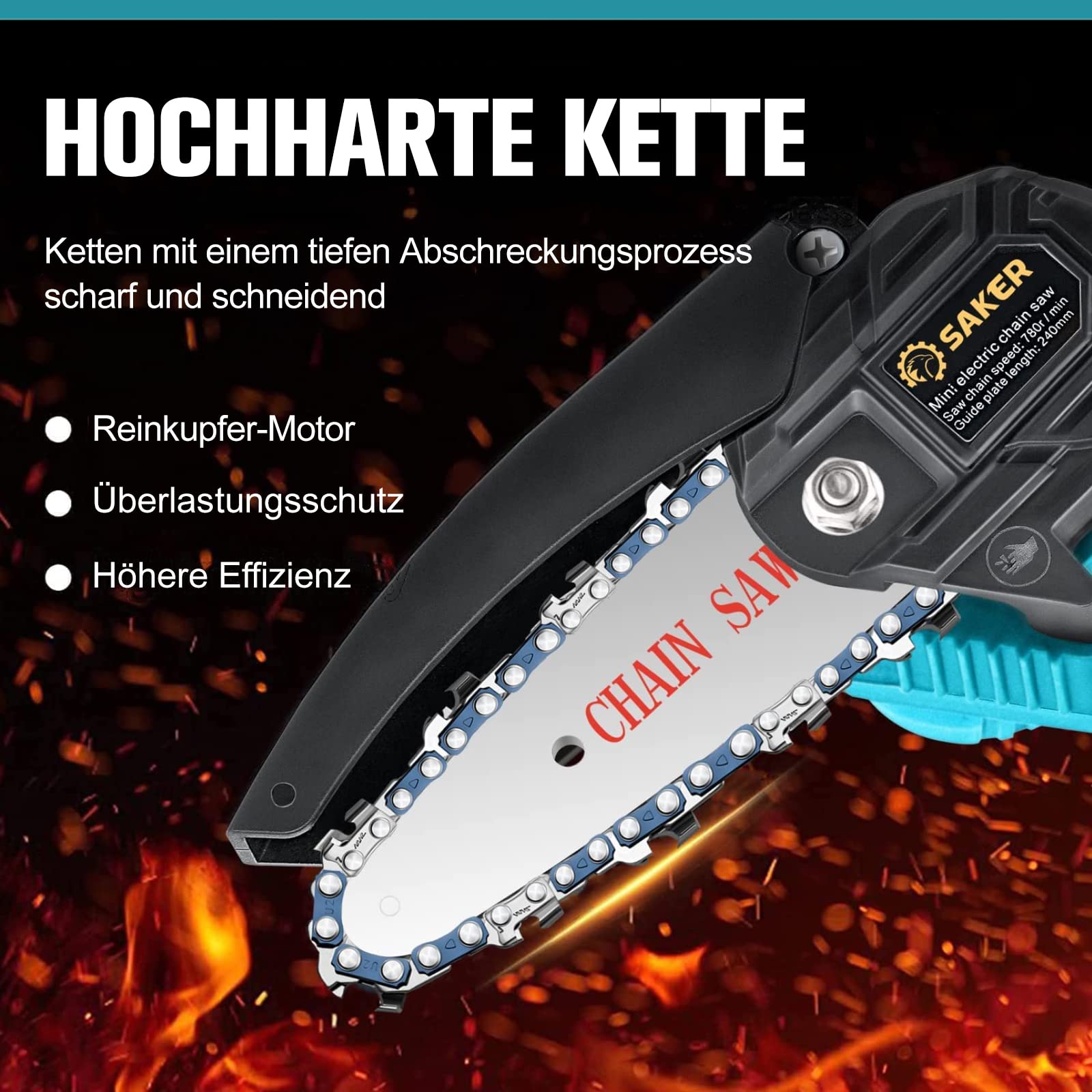 Saker Mini tronçonneuse avec batterie 4 pouces, tronçonneuse électrique sans fil avec 1 chaîne et 1 batterie, 10 cm avec bouton de sécurité tronçonneuse à une main batterie