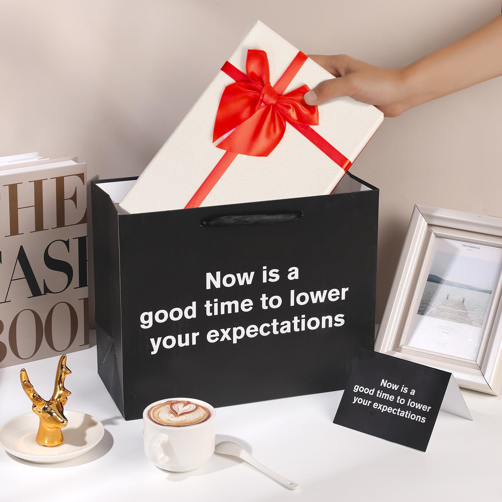 Funny Gift Bag To Lower Your Expectations Black Gag Gift Bags with Tissue Paper and Greeting Card Inappropriate Snarky Funny Birthday Gift Wrapping Paper for Office Coworker Best Friend Men Women